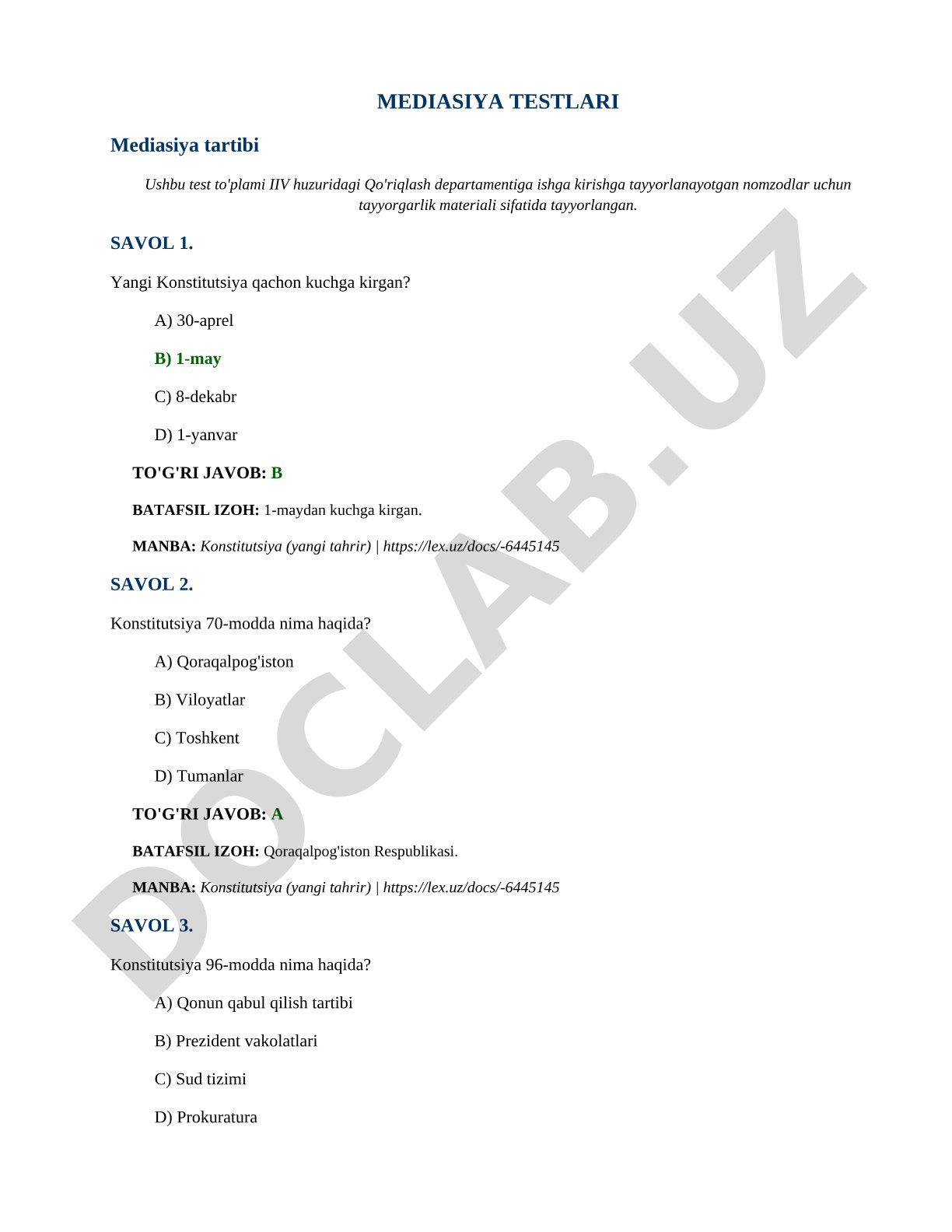 Mediasiya tartibi bo'yicha testlar