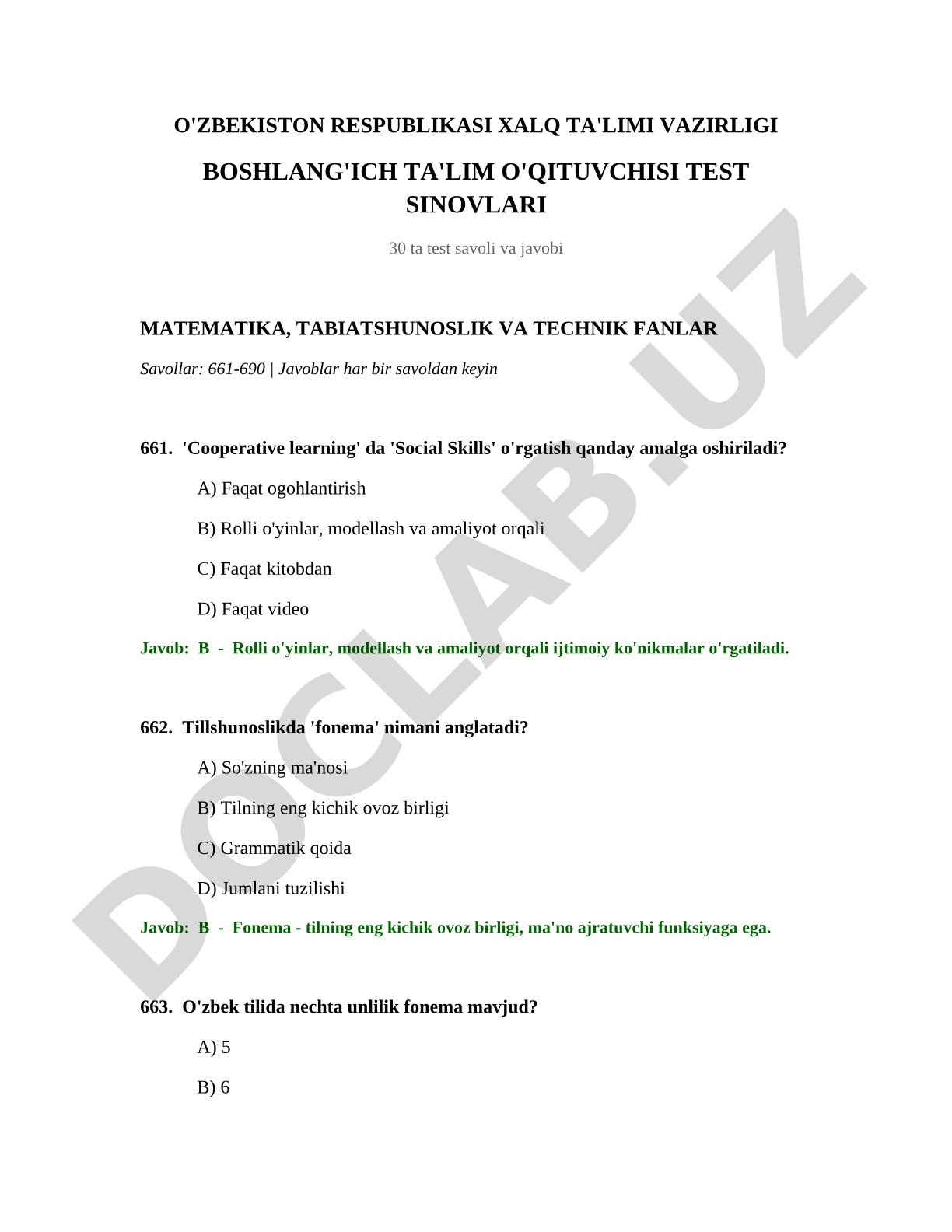Boshlang'ich ta'lim o'qituvchisi test sinovlari (matematika, tabiatshunoslik va texnik fanlar)
