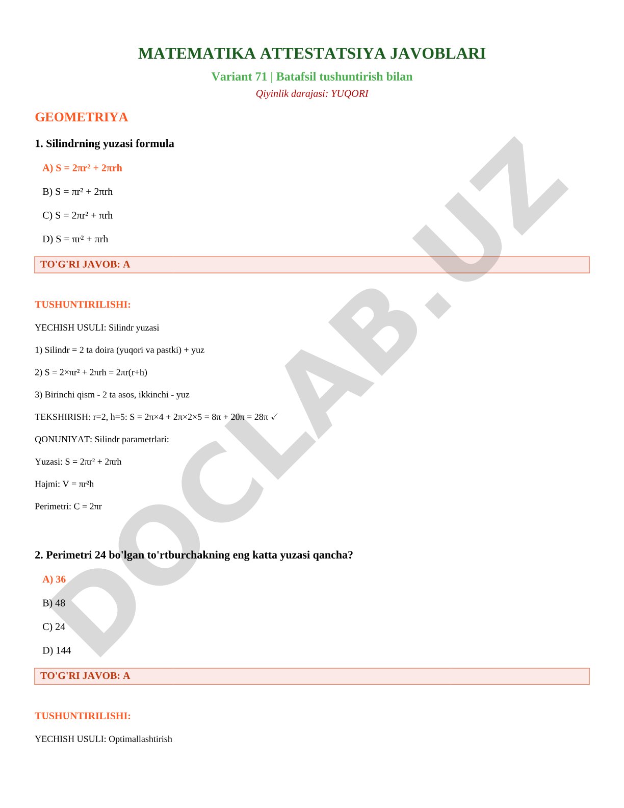 Matematika attestatsiya javoblari Variant 71