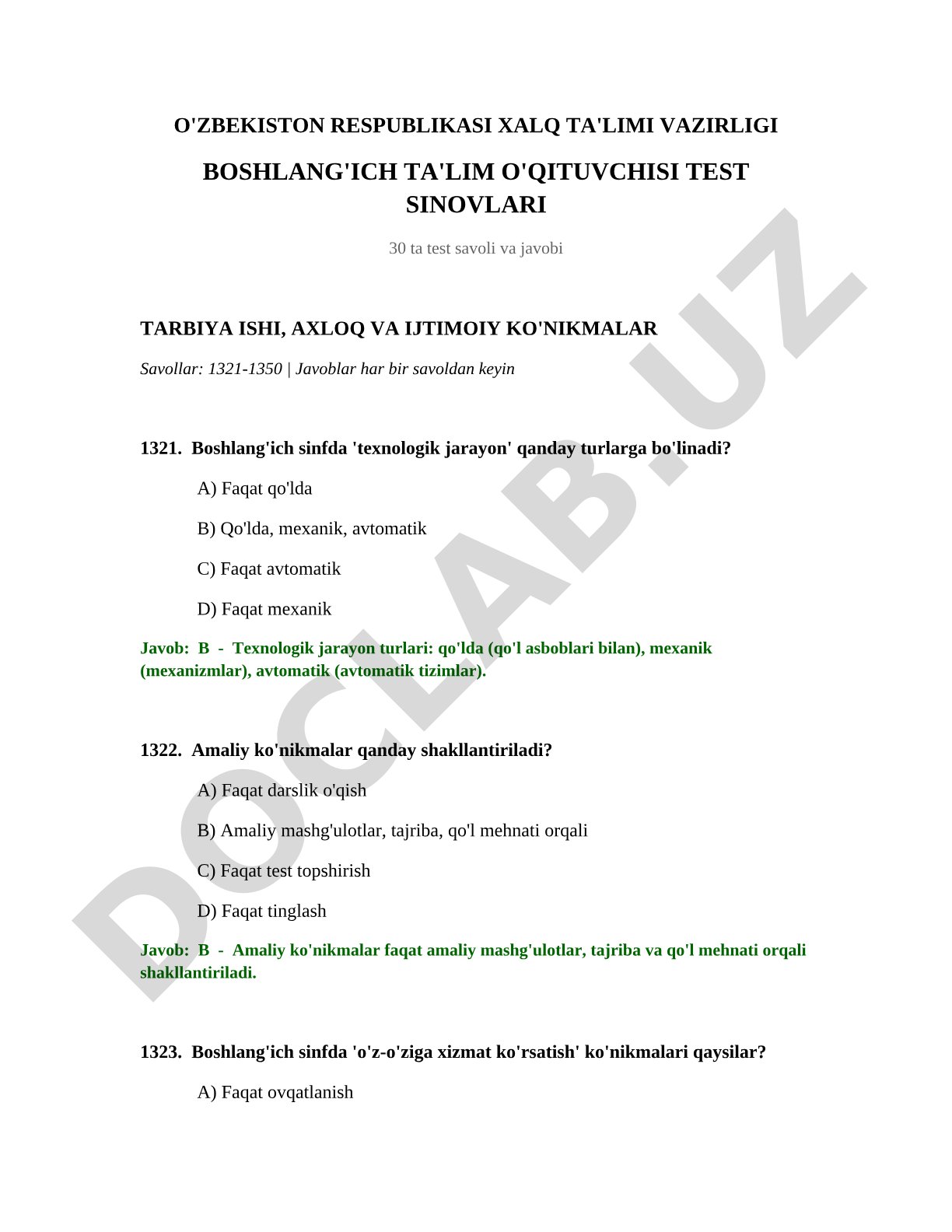 Boshlang'ich sinf o'qituvchisi test sinovlari: tarbiya ishi, axloq va ijtimoiy ko'nikmalar