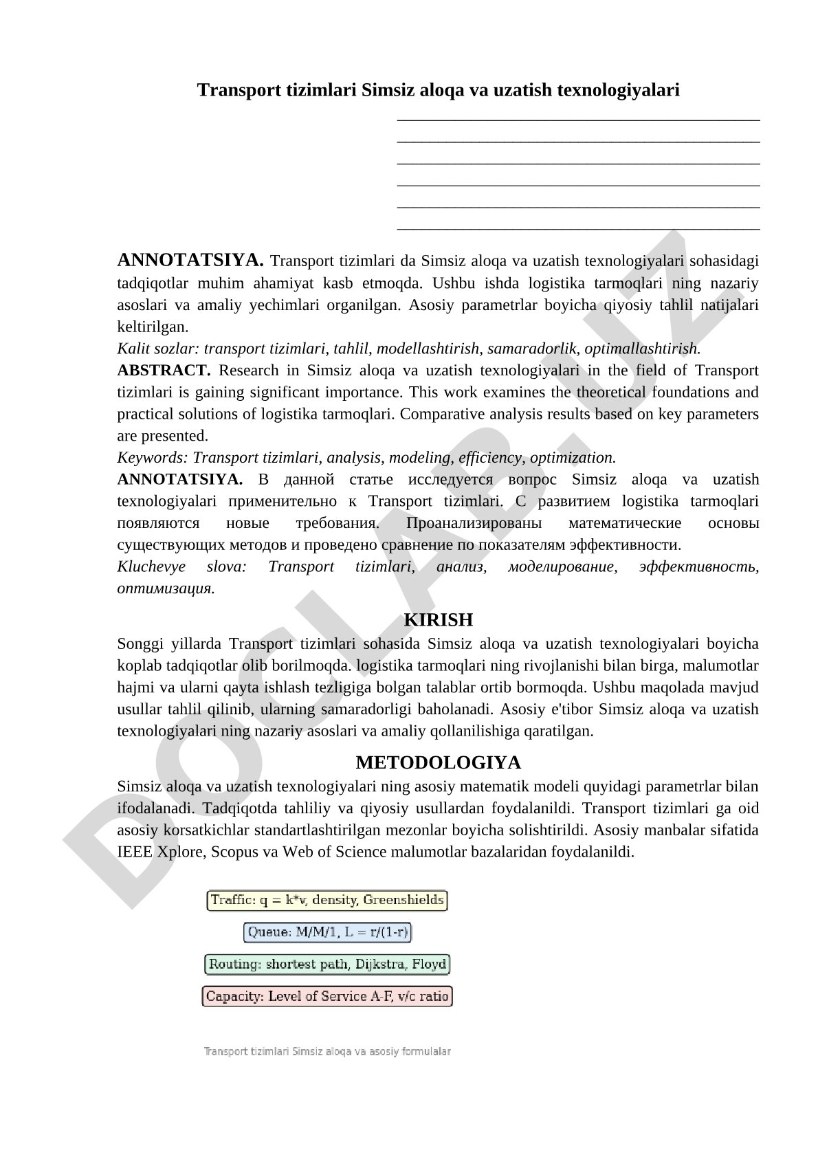 Transport tizimlari Simsiz aloqa va uzatish texnologiyalari