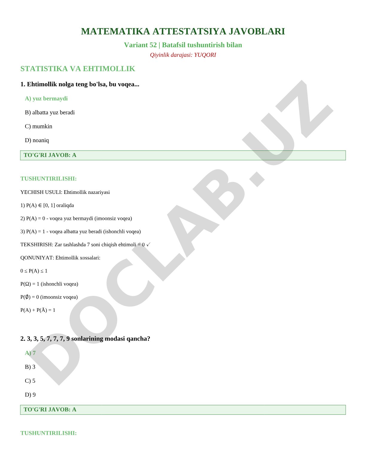 Matematika attestatsiya javoblari (Variant 52)