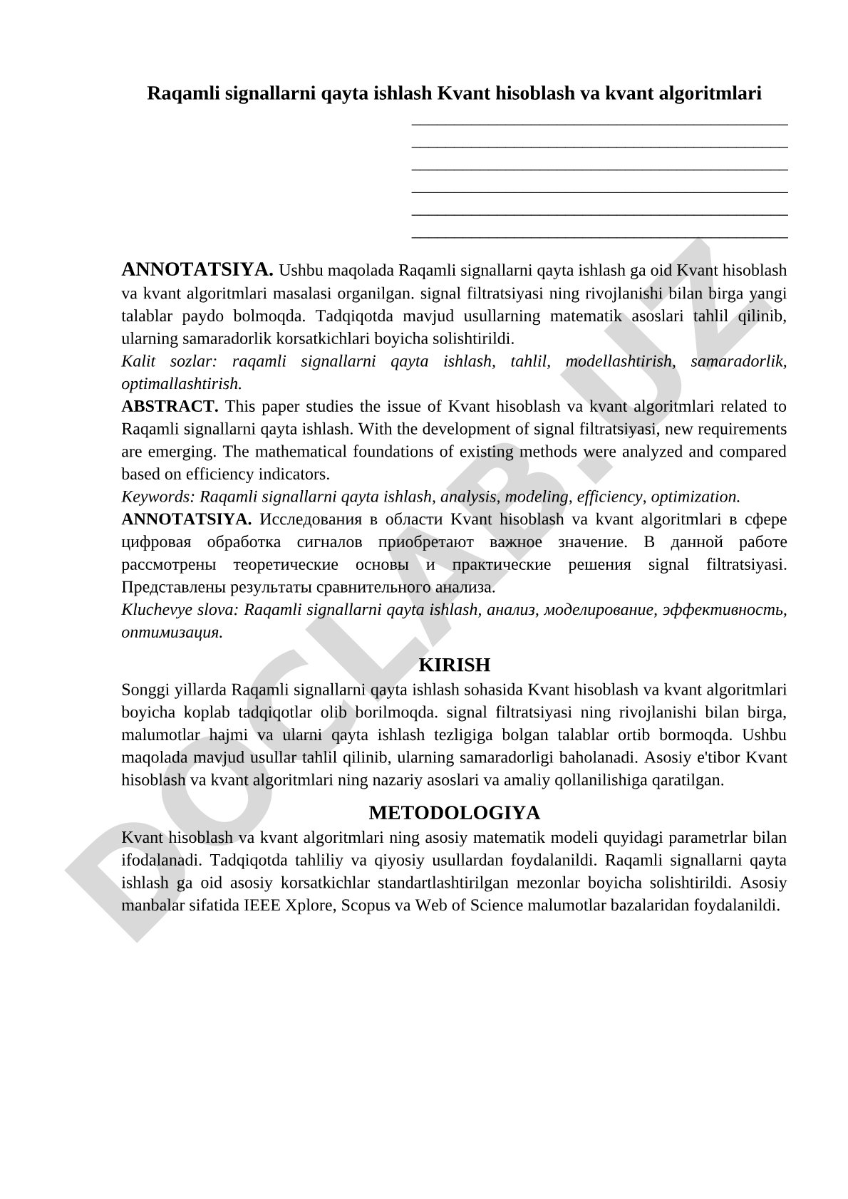 Raqamli signallarni qayta ishlash Kvant hisoblash va kvant algoritmlari
