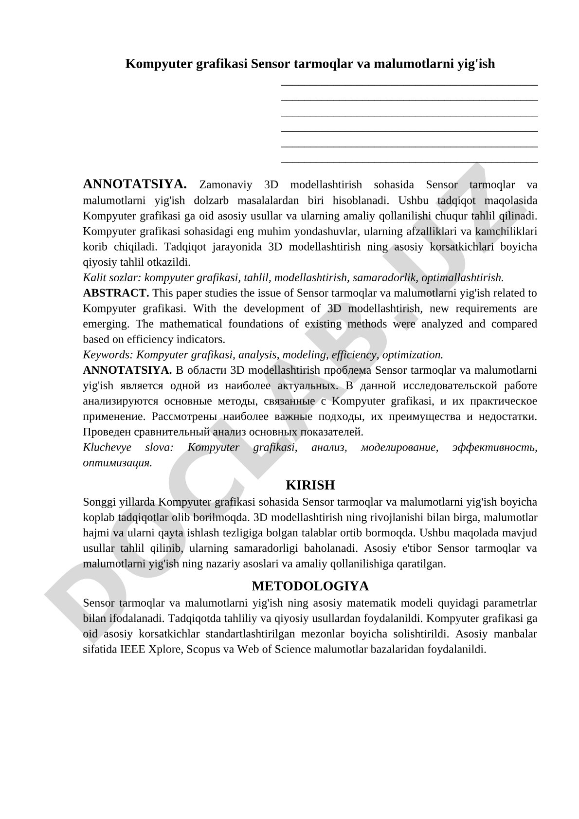 Kompyuter grafikasi sensor tarmoqlar va ma'lumotlarni yig'ish