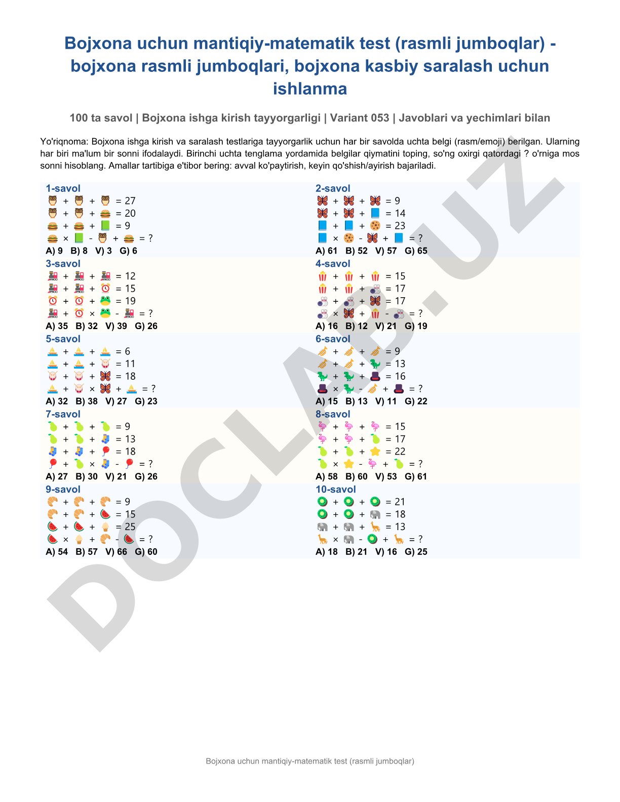 Bojxona uchun mantiqiy-matematik test (rasmli jumboqlar)