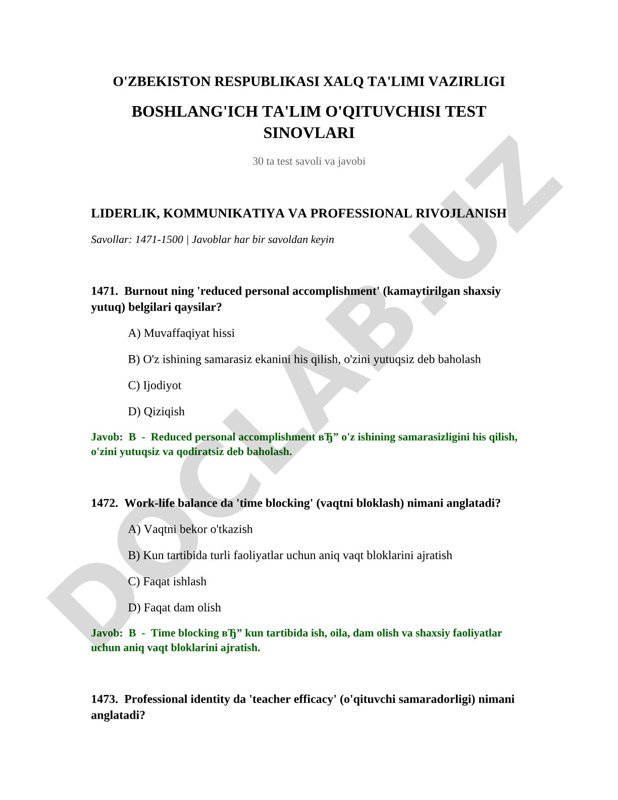 Boshlang'ich ta'lim o'qituvchisi test sinovlari: Liderlik, kommunikatiya va professional rivojlanish