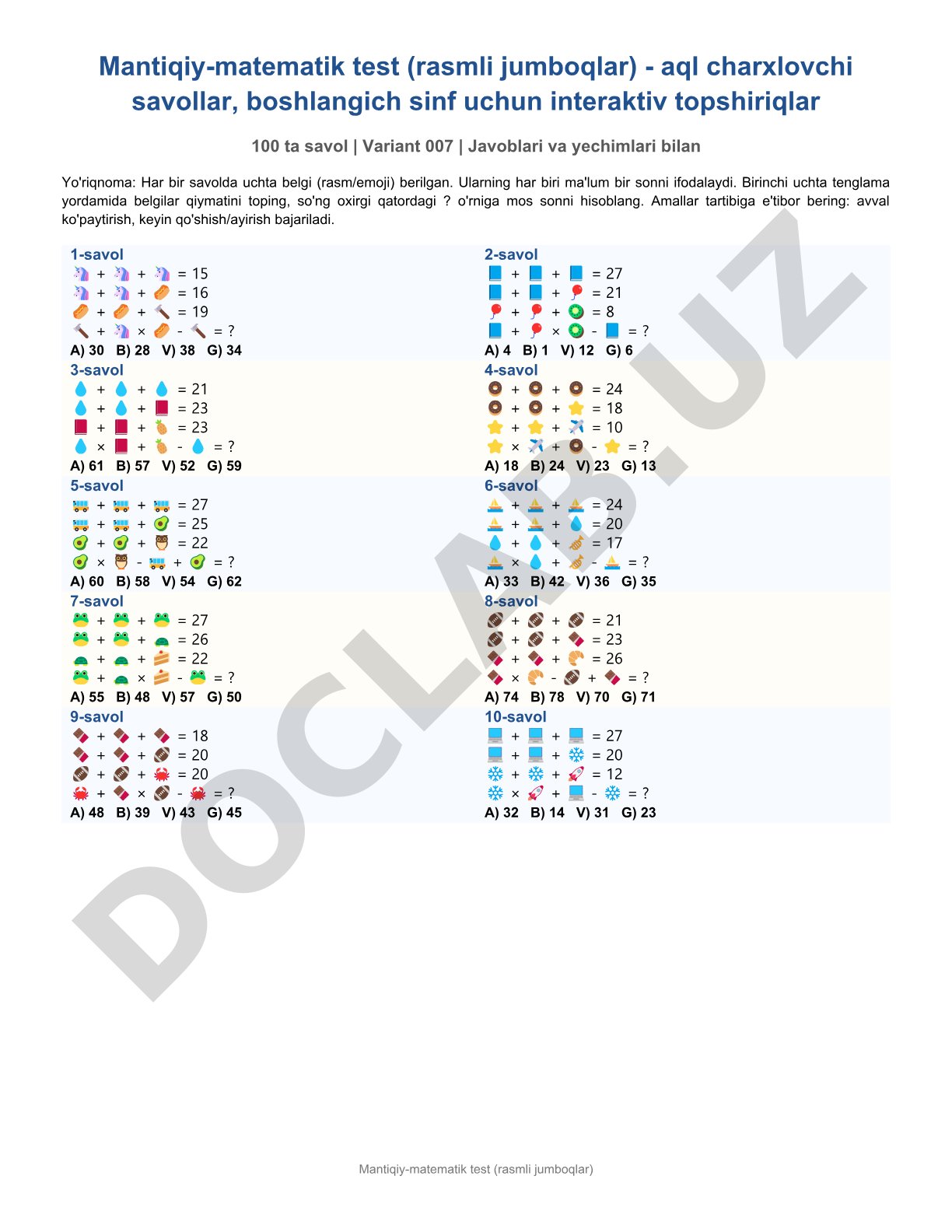 Mantiqiy-matematik test (rasmli jumboqlar)