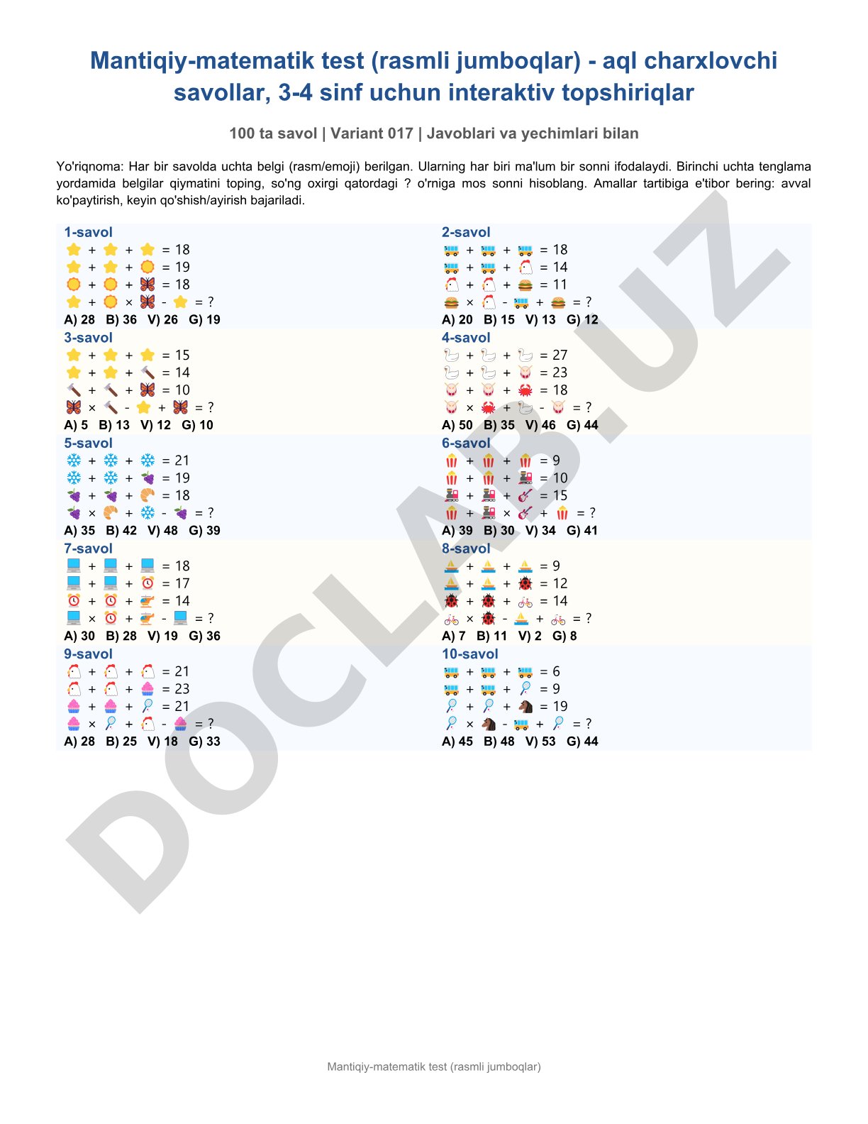 Mantiqiy-matematik test (rasmli jumboqlar)