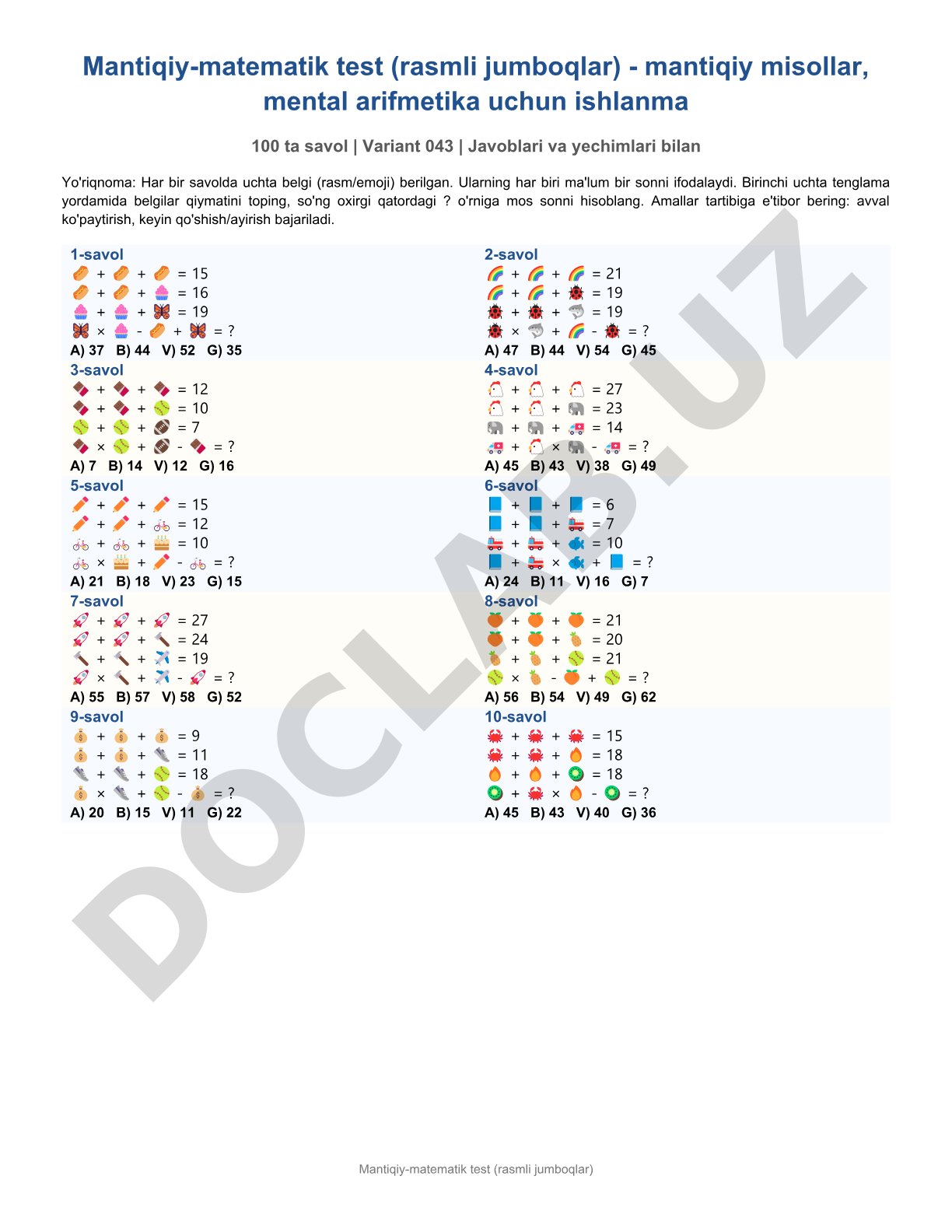 Mantiqiy-matematik test (rasmli jumboqlar)