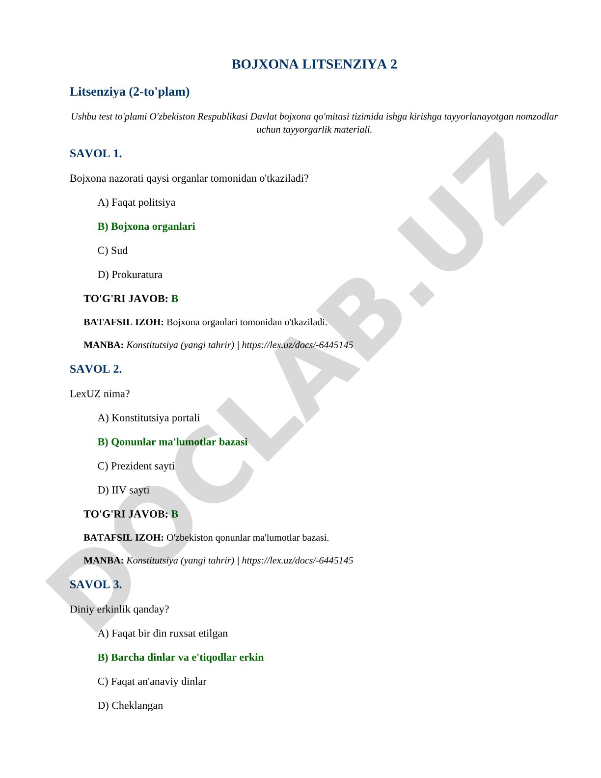 Bojxona litsenziya testlari 2-to'plam