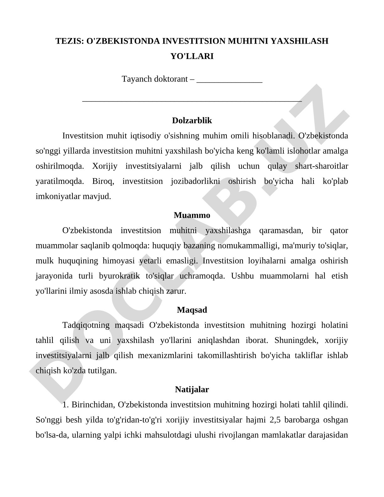 O'zbekistonda investitsion muhitni yaxshilash yo'llari