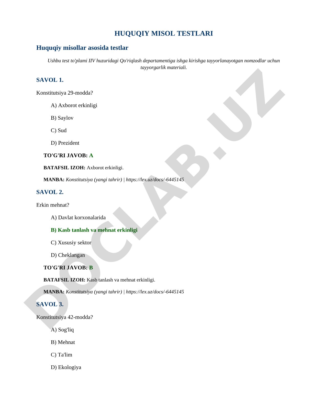 Huquqiy misollar asosida testlar