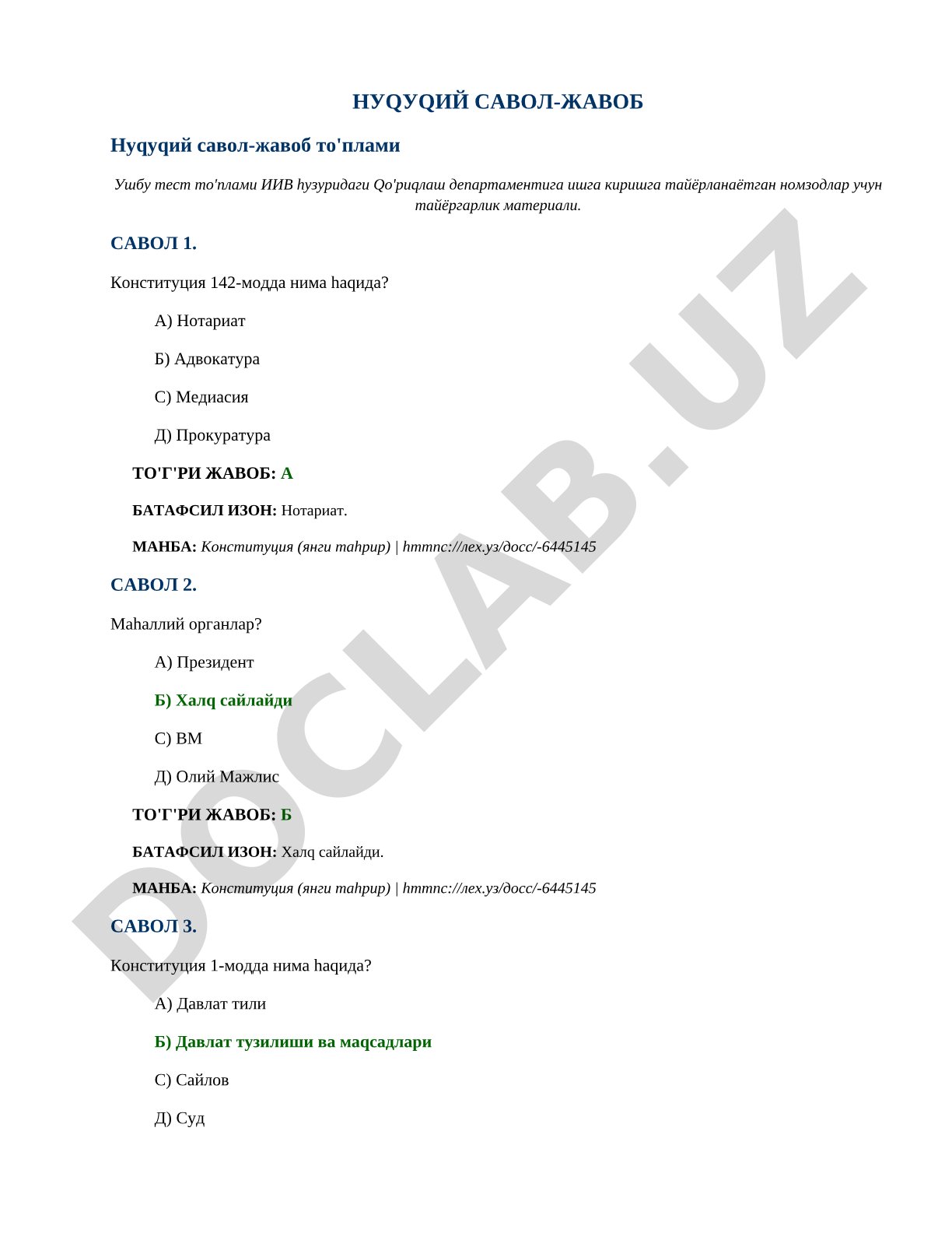 O'zbekiston Konstitutsiyasiga oid huquqiy savol-javoblar