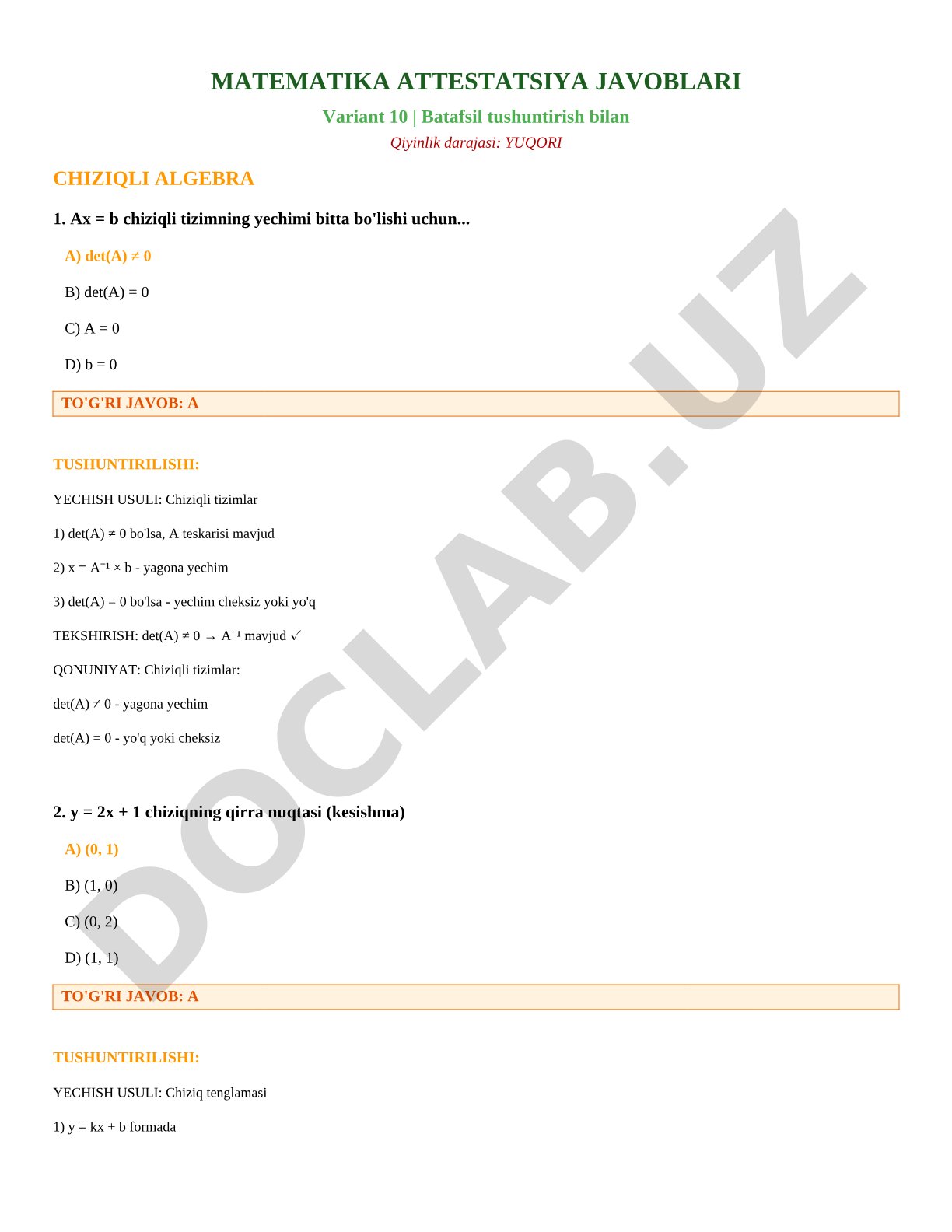 Matematika attestatsiya javoblari Variant 10