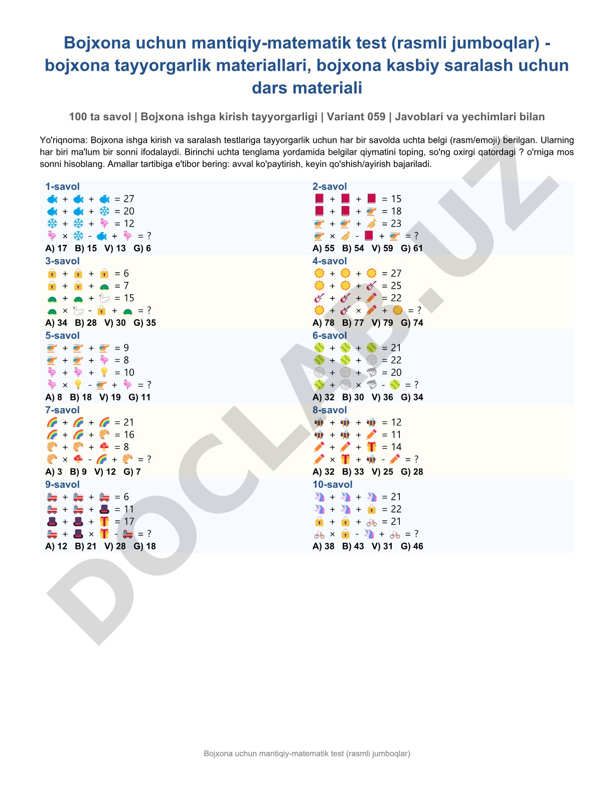 Bojxona uchun mantiqiy-matematik test (rasmli jumboqlar)