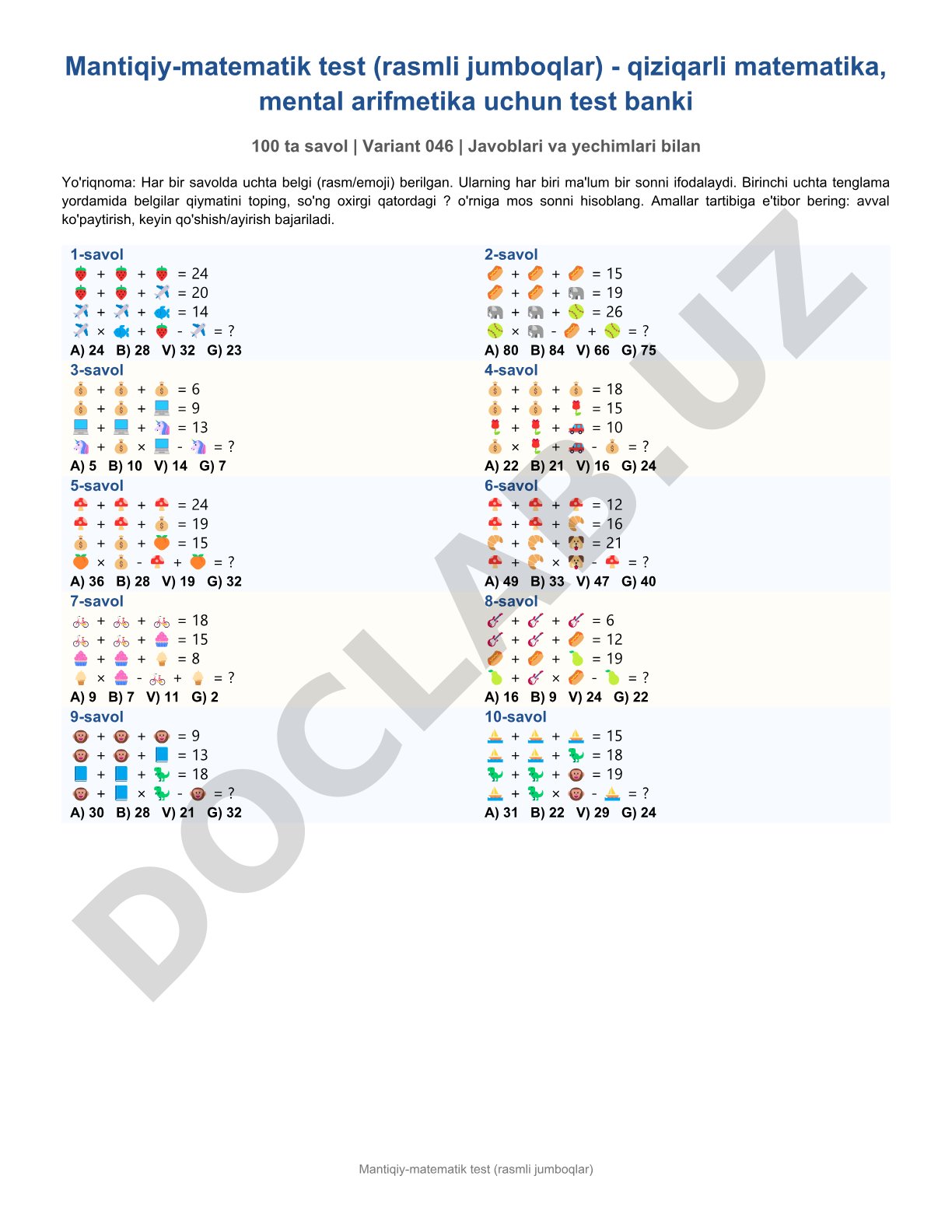 Mantiqiy-matematik test (rasmli jumboqlar)