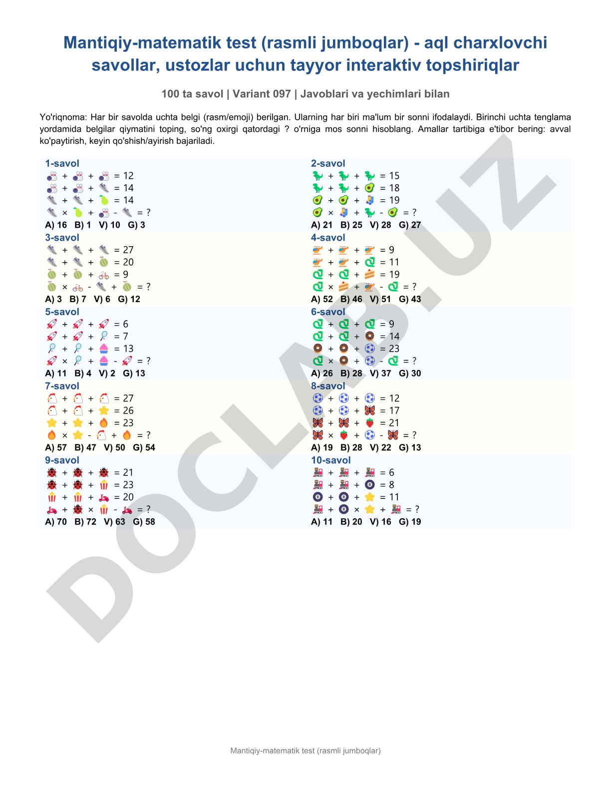 Mantiqiy-matematik test (rasmli jumboqlar) 100 savol