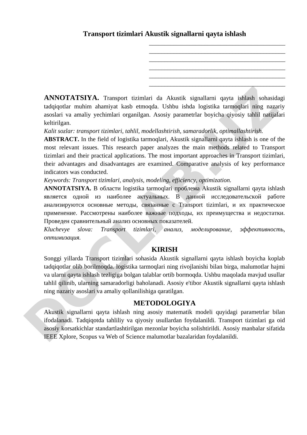 Transport tizimlarida akustik signallarni qayta ishlash