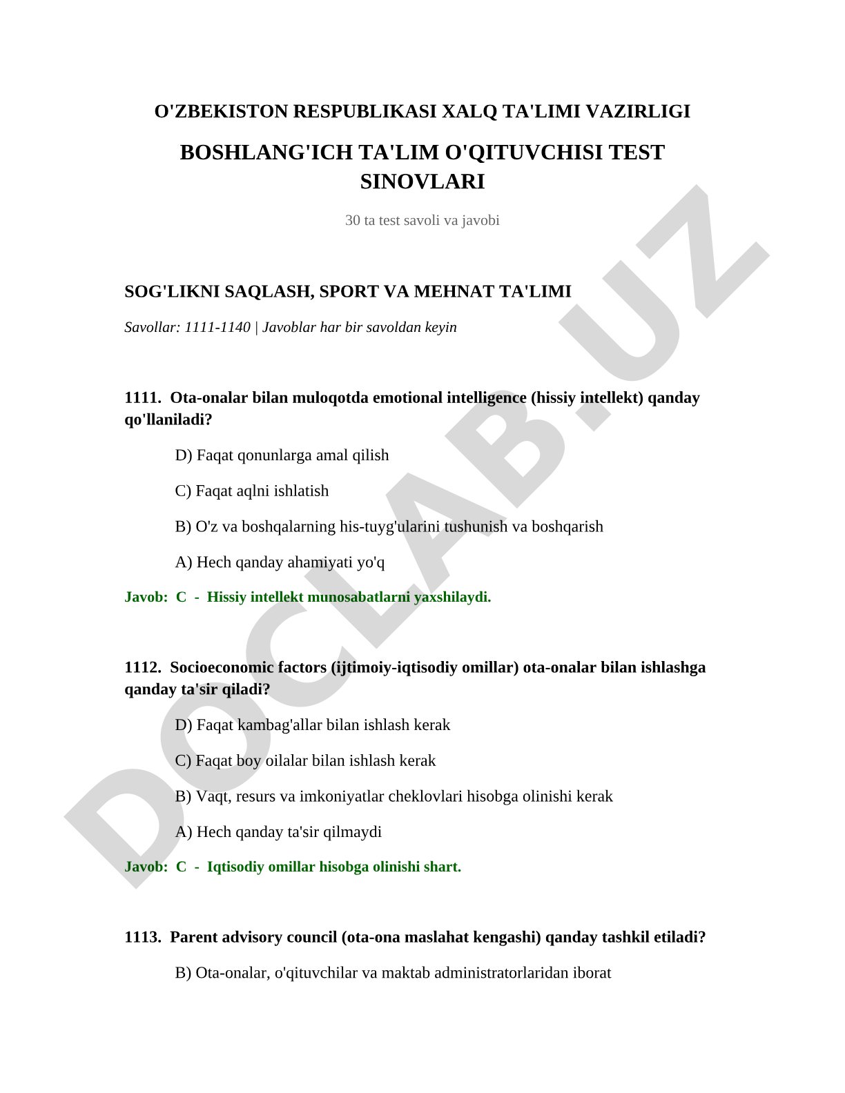 Boshlang'ich ta'lim o'qituvchisi test sinovlari: Sog'likni saqlash, sport va mehnat ta'limi
