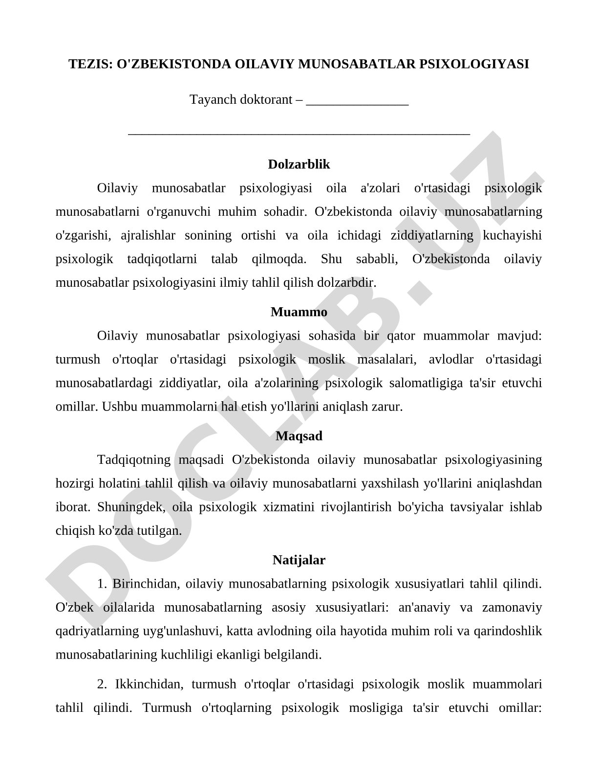 O'zbekistonda oilaviy munosabatlar psixologiyasi