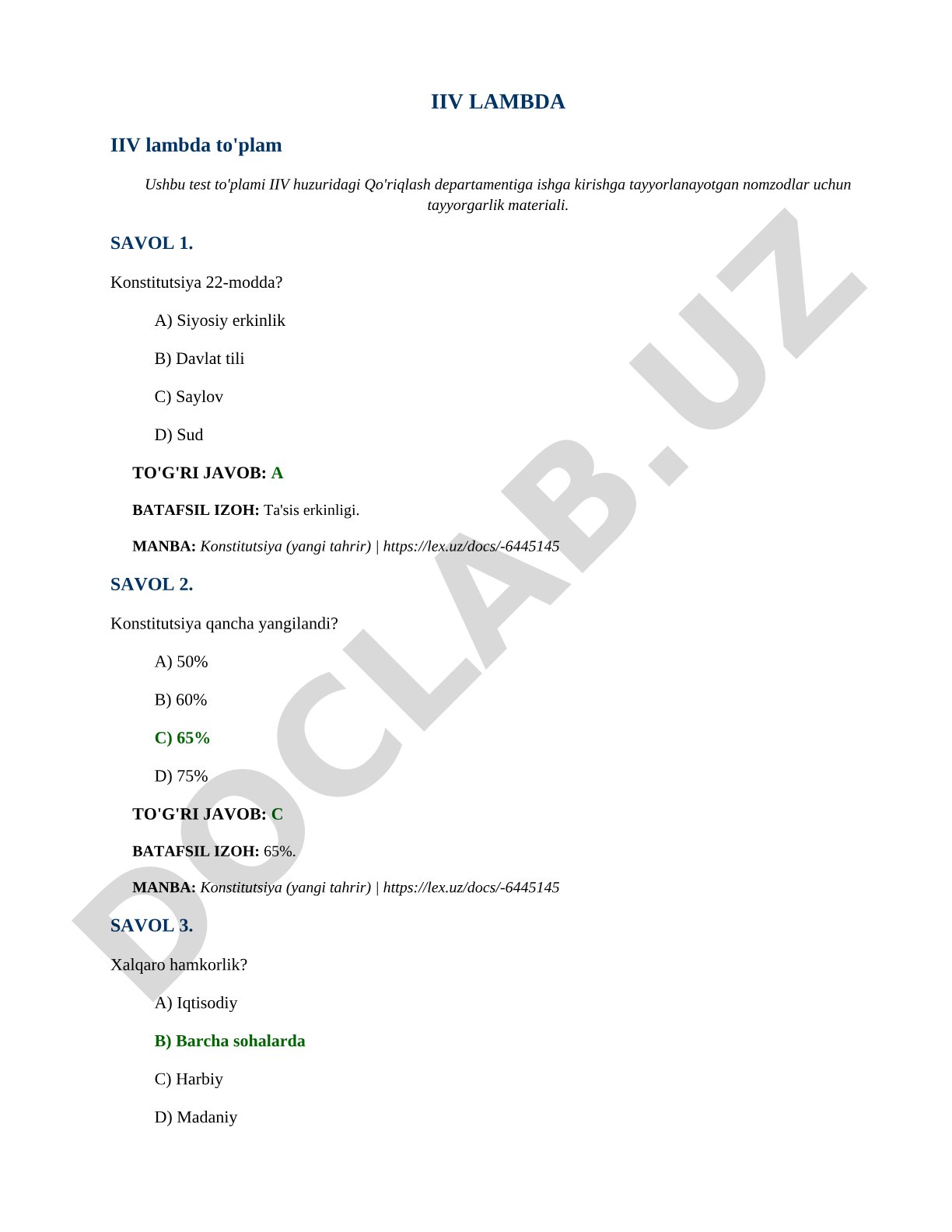 O'zbekiston Konstitutsiyasi bo'yicha test savollari