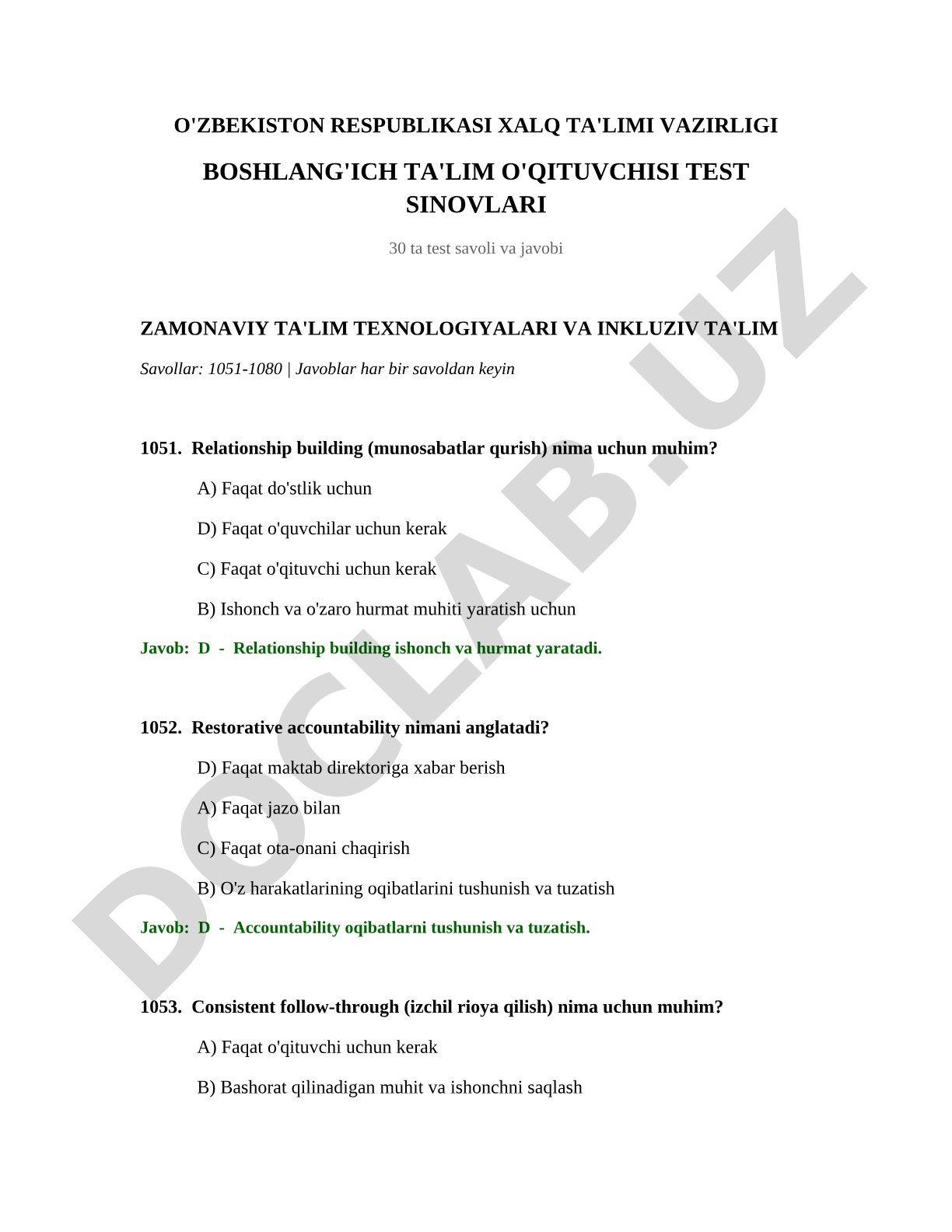 Boshlang'ich ta'lim o'qituvchisi test sinovlari: Zamonaviy ta'lim texnologiyalari va inklyuziv ta'lim