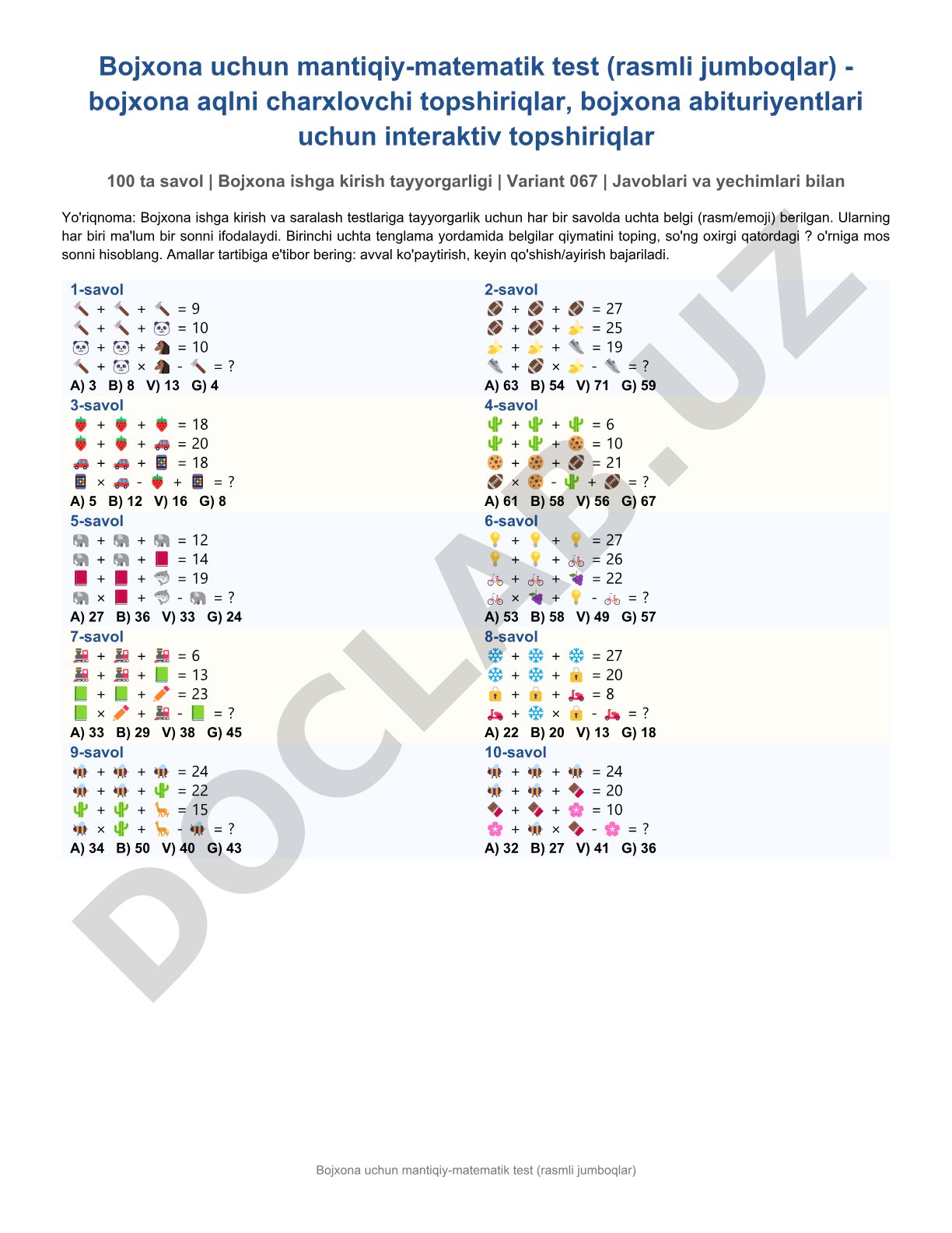 Bojxona uchun mantiqiy-matematik test (rasmli jumboqlar)