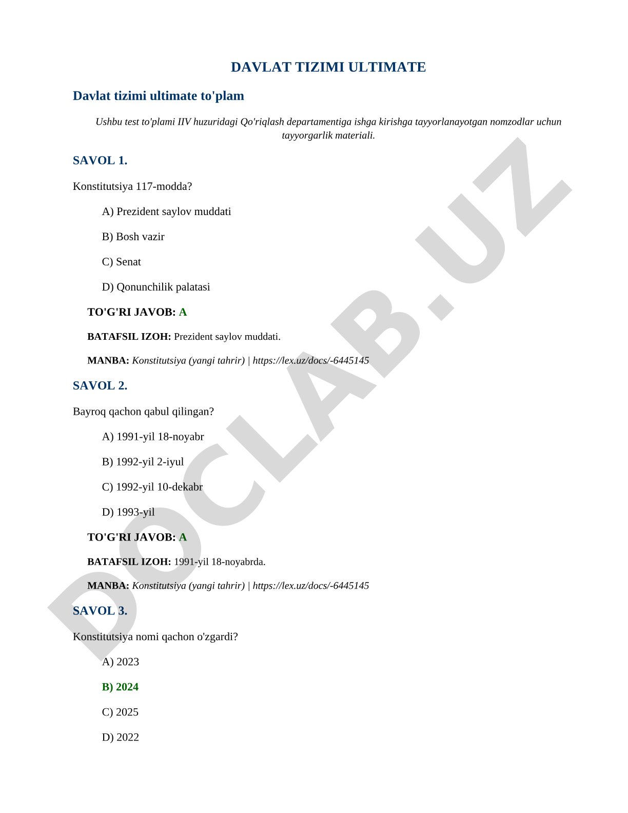 Davlat tizimi bo'yicha test to'plami