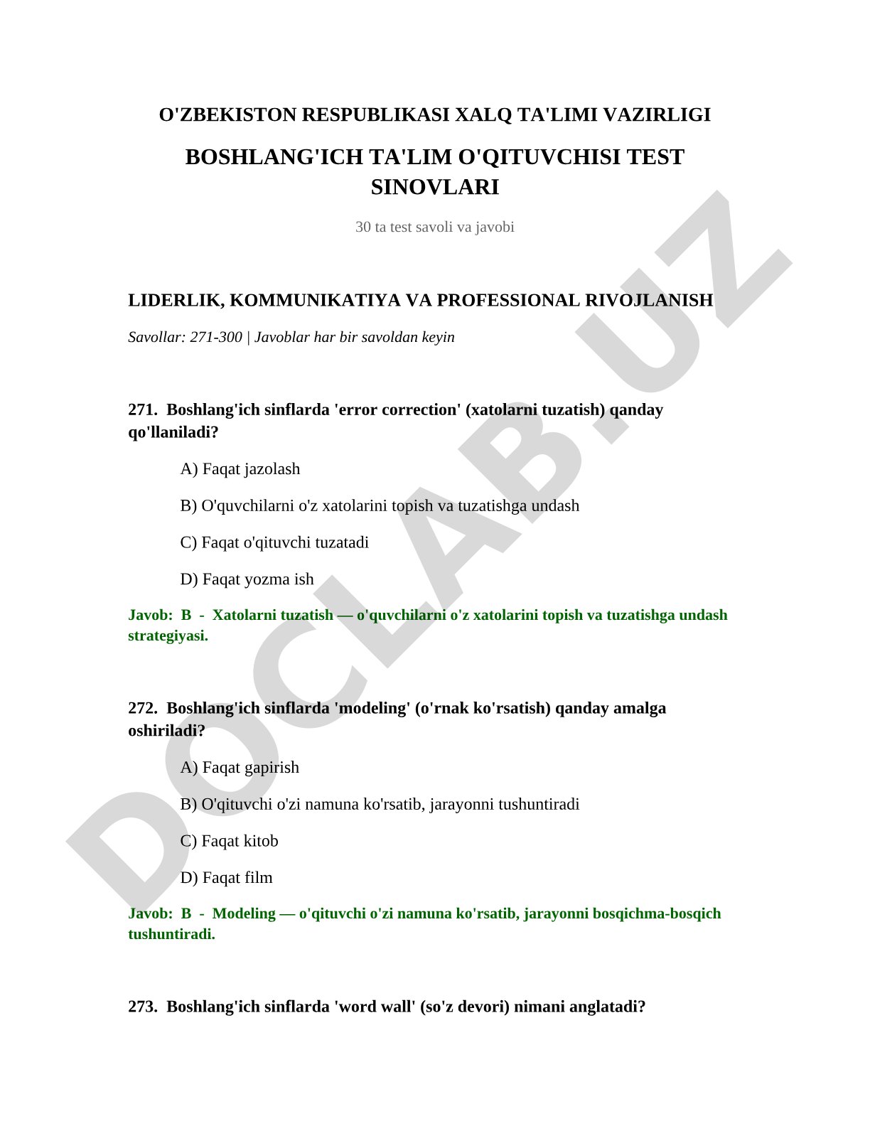 Boshlang'ich ta'lim o'qituvchisi test sinovlari: liderlik, kommunikatiya va professional rivojlanish