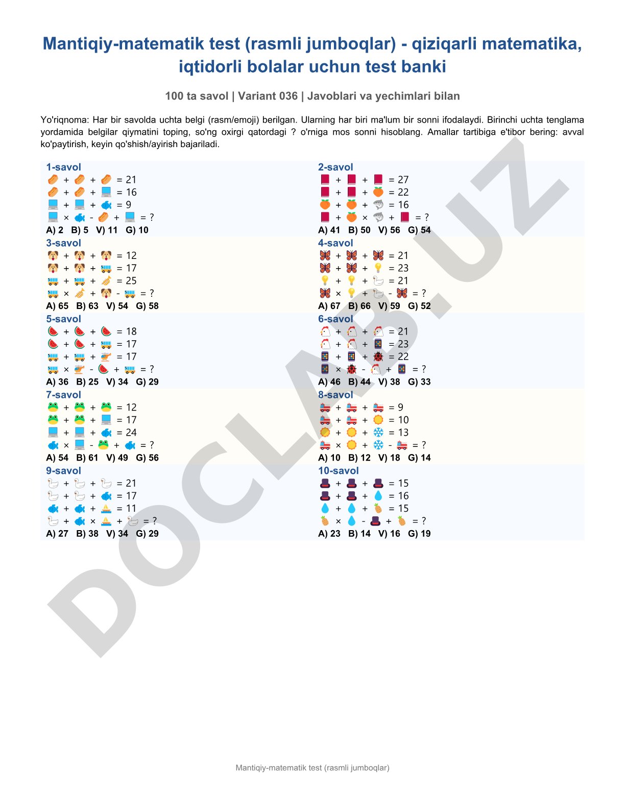 Mantiqiy-matematik test (rasmli jumboqlar) - qiziqarli matematika, iqtidorli bolalar uchun test banki 100 ta savol | Variant 036 | Javoblari va yechimlari bilan