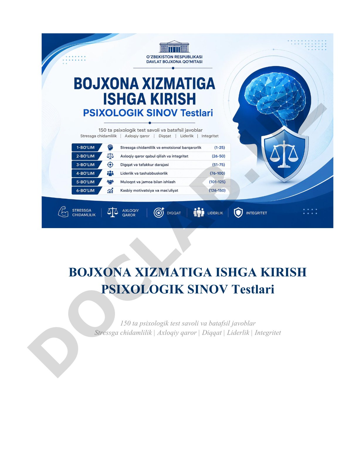 Bojxona xizmatiga ishga kirish psixologik sinov testlari