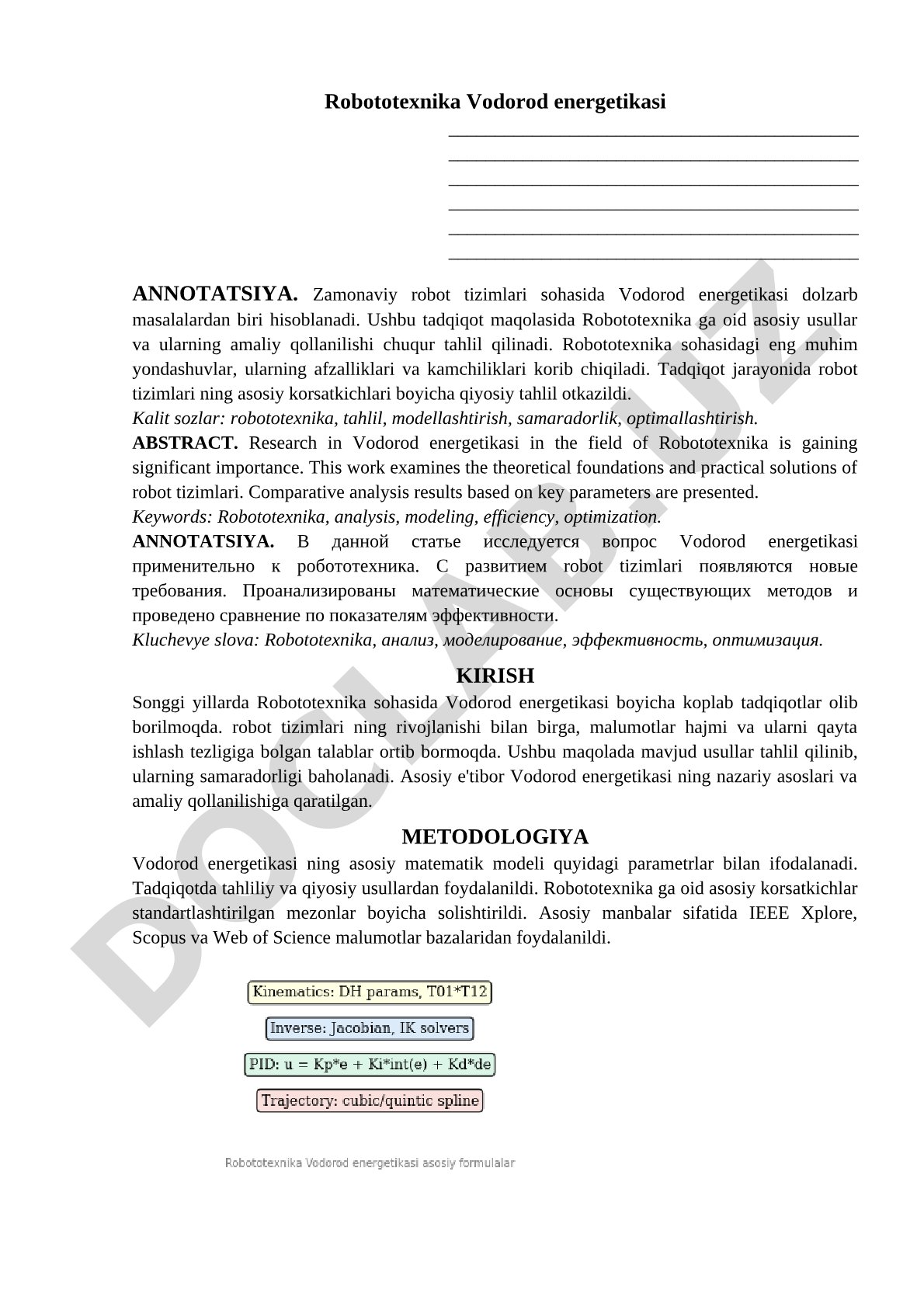 Robototexnika va vodorod energetikasi tadqiqoti