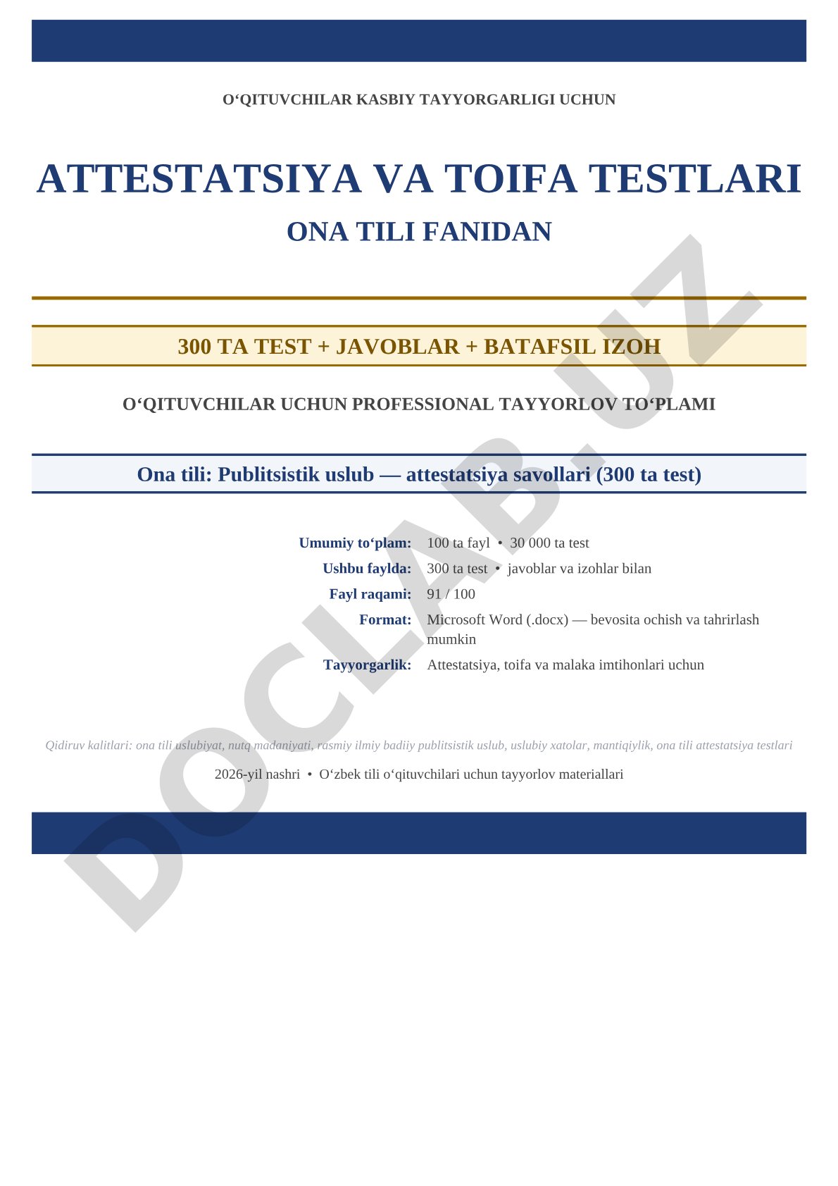 O‘qituvchilar uchun ona tili publitsistik uslub attestatsiya testlari