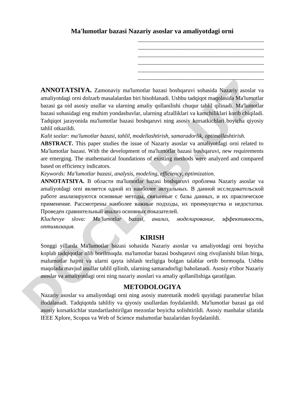 Ma'lumotlar bazasi Nazariy asoslar va amaliyotdagi orni