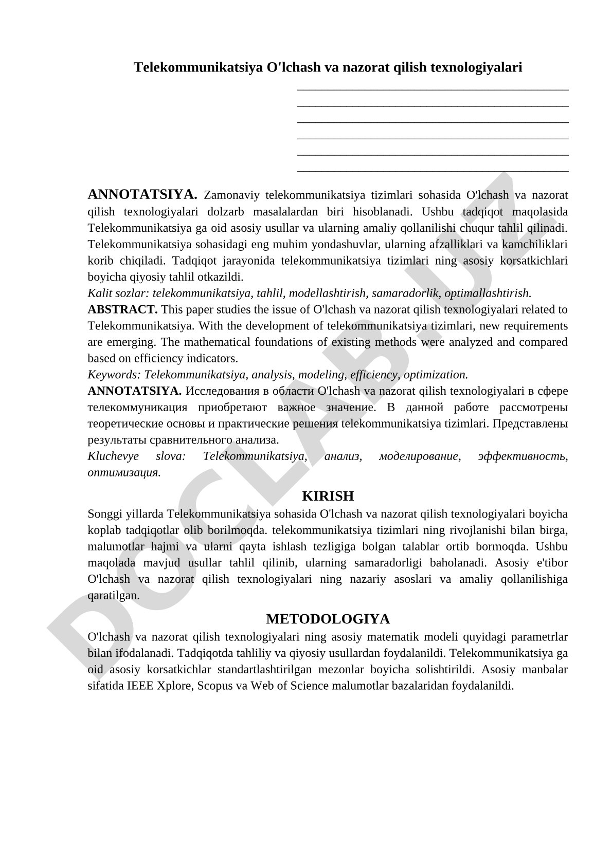 Telekommunikatsiya O'lchash va nazorat qilish texnologiyalari