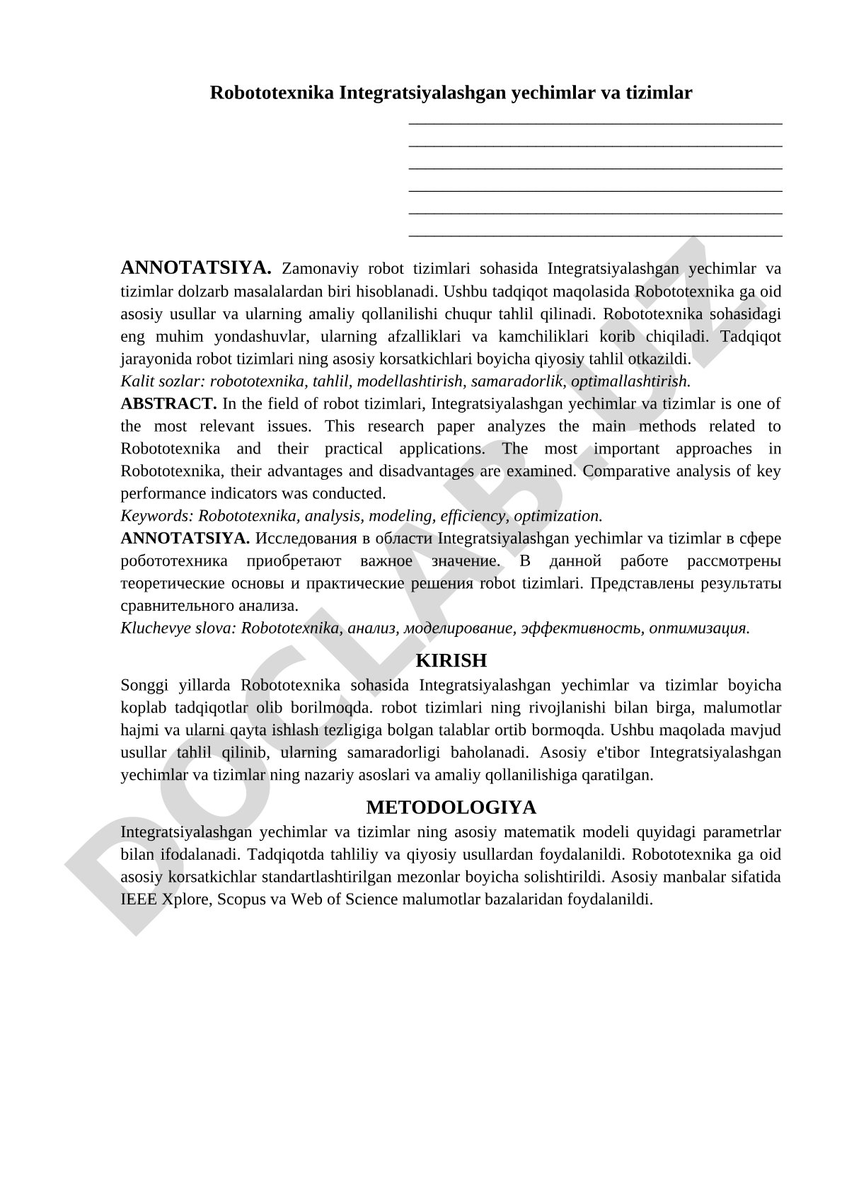 Robototexnika Integratsiyalashgan yechimlar va tizimlar