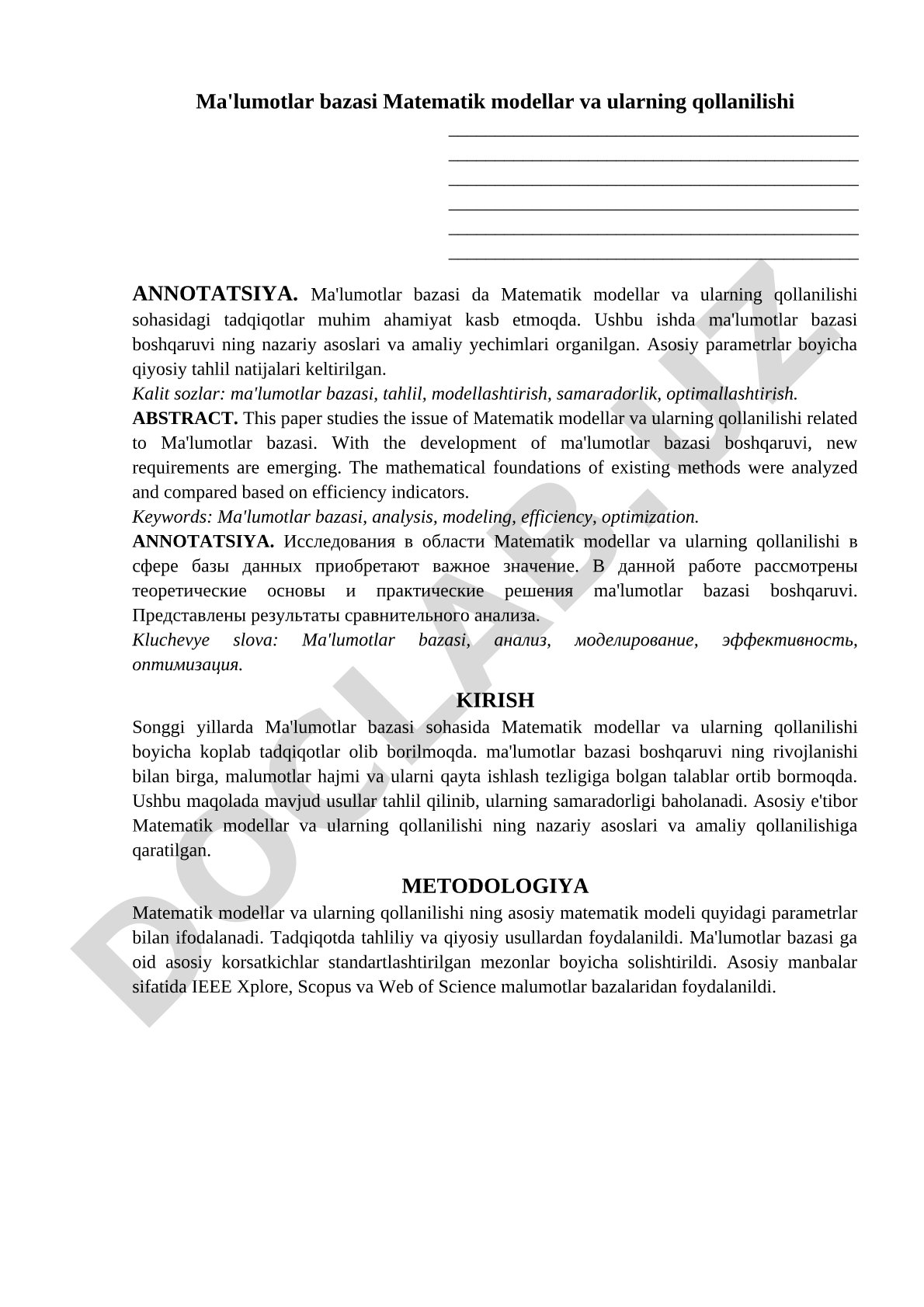 Ma'lumotlar bazasi Matematik modellar va ularning qollanilishi