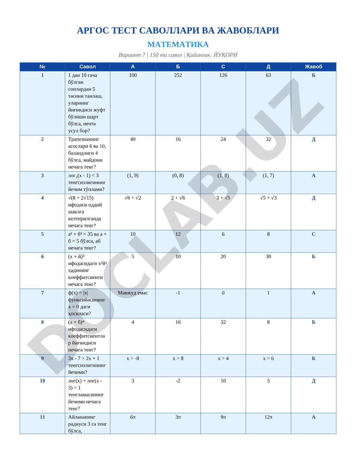 Matematika test savollari 7-variant