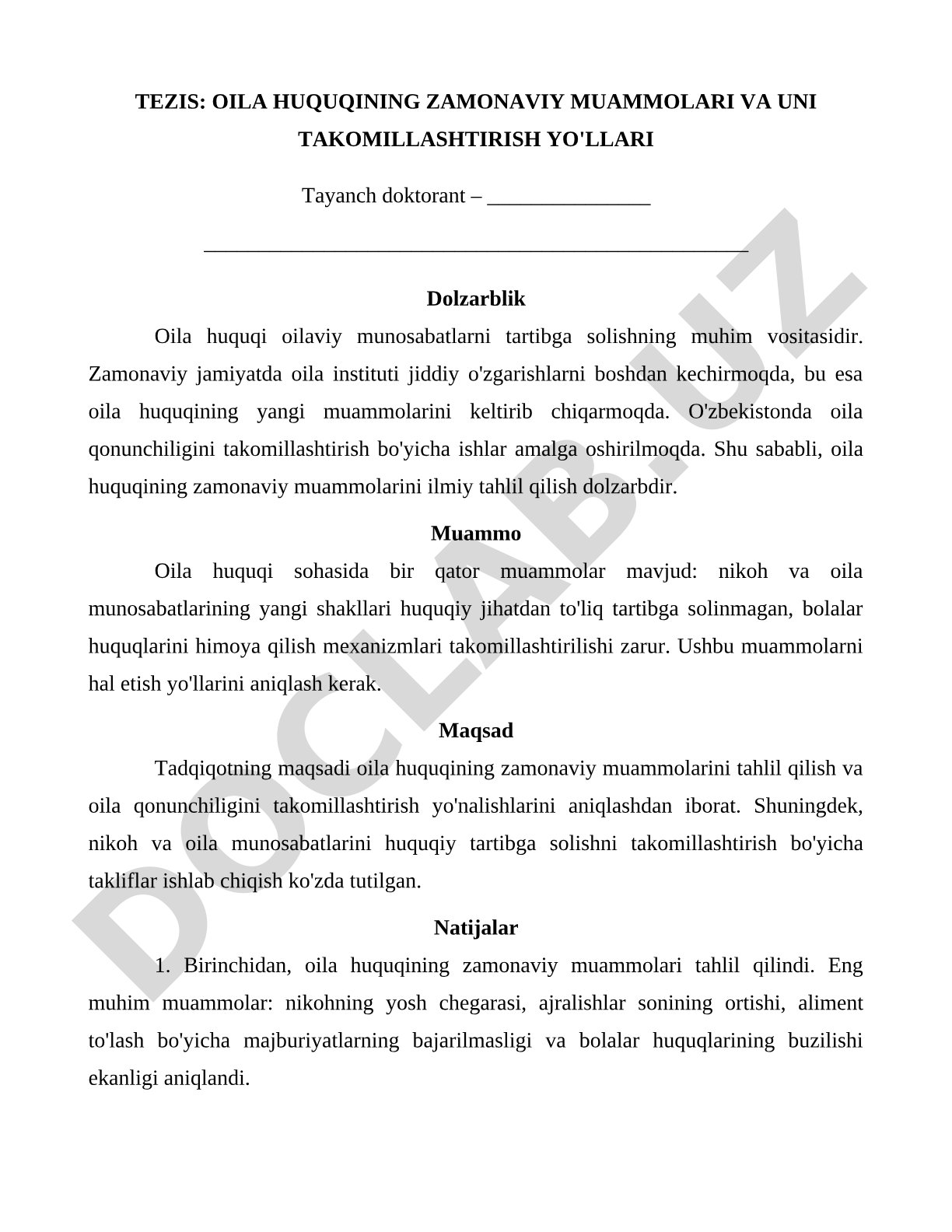 OILA HUQUQINING ZAMONAVIY MUAMMOLARI VA UNI TAKOMILLASHTIRISH YO'LLARI
