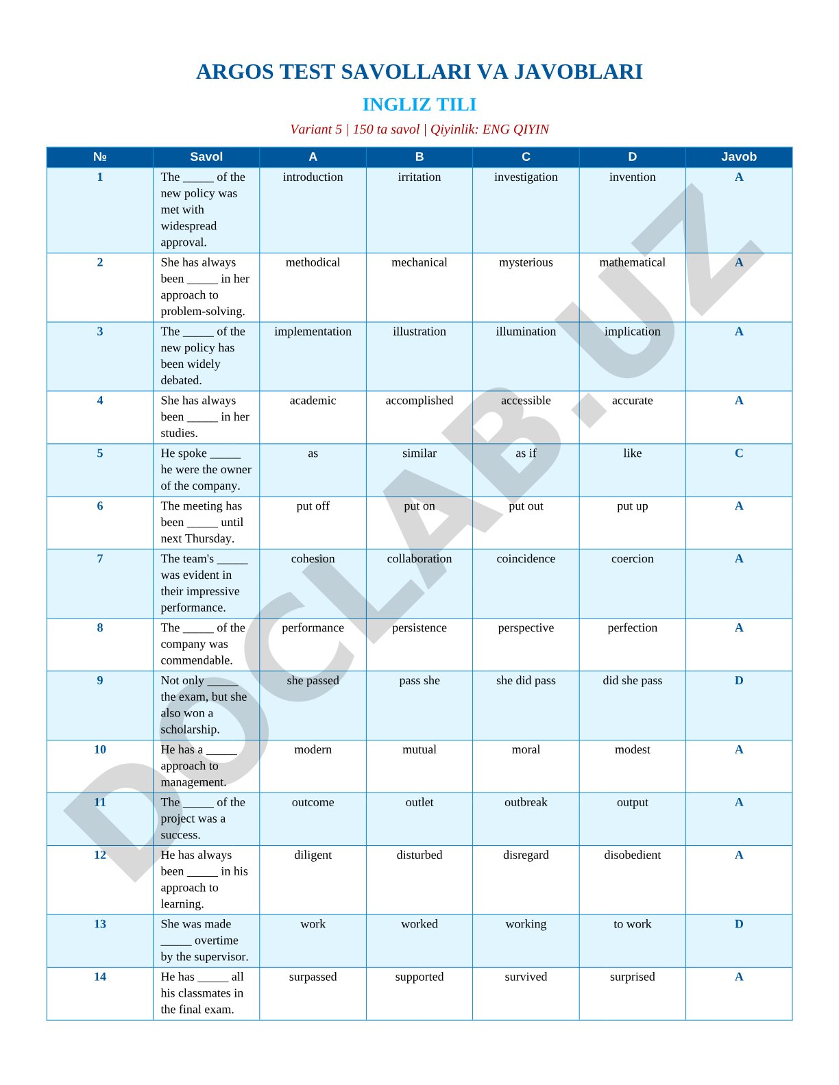 ARGOS Test Questions and Answers English Language Variant 5