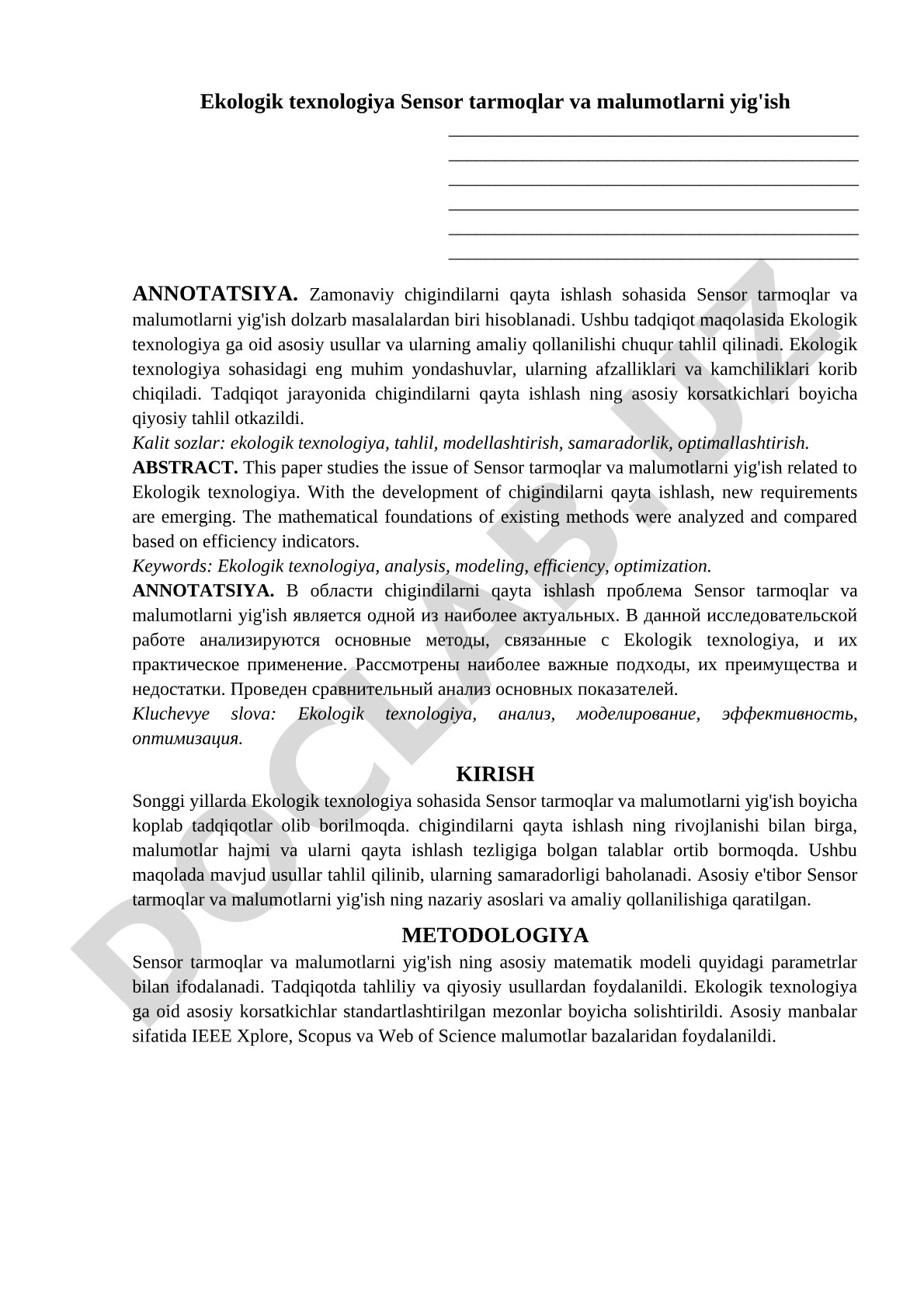 Ekologik texnologiya Sensor tarmoqlar va malumotlarni yig'ish