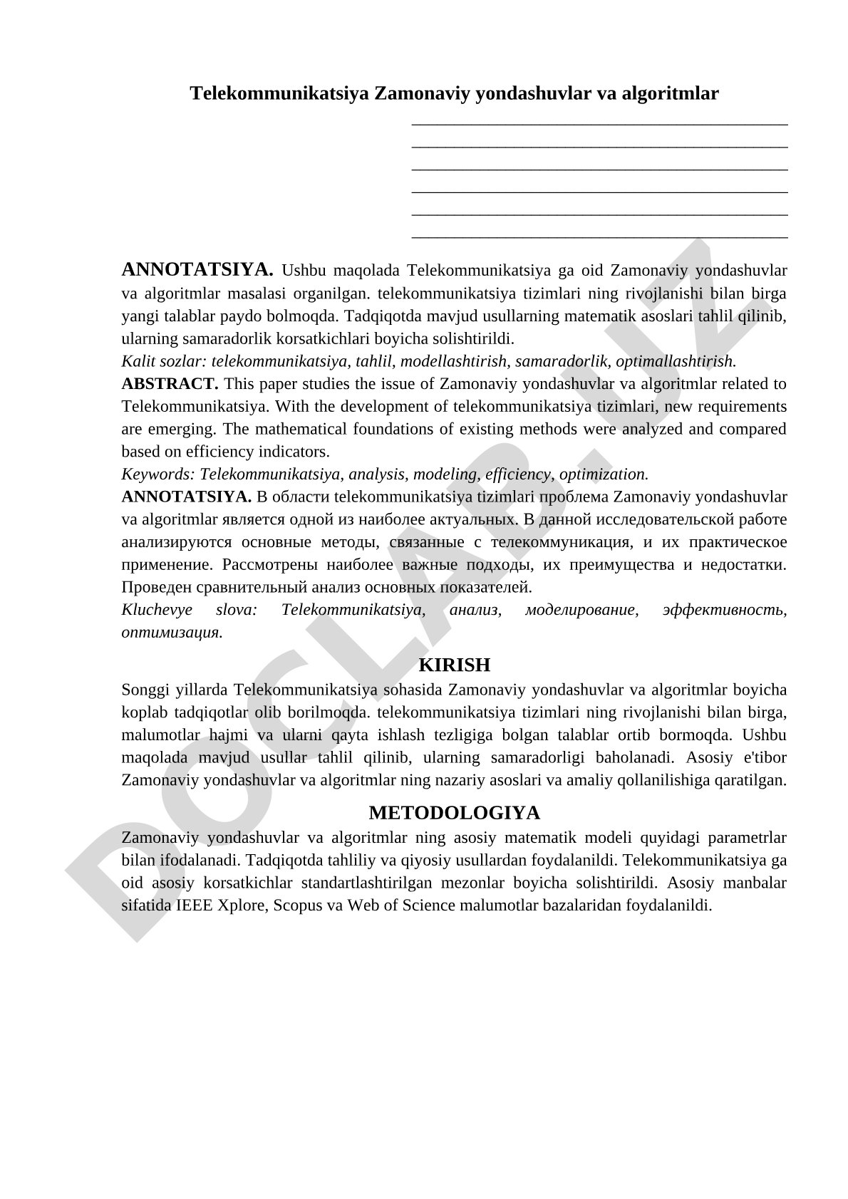 Telekommunikatsiya: zamonaviy yondashuvlar va algoritmlar