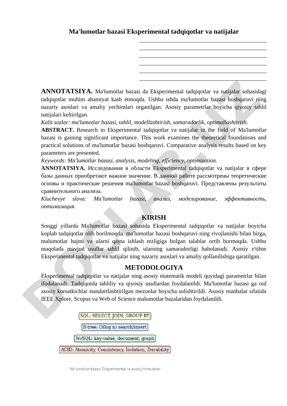 Ma'lumotlar bazasida eksperimental tadqiqotlar va natijalar