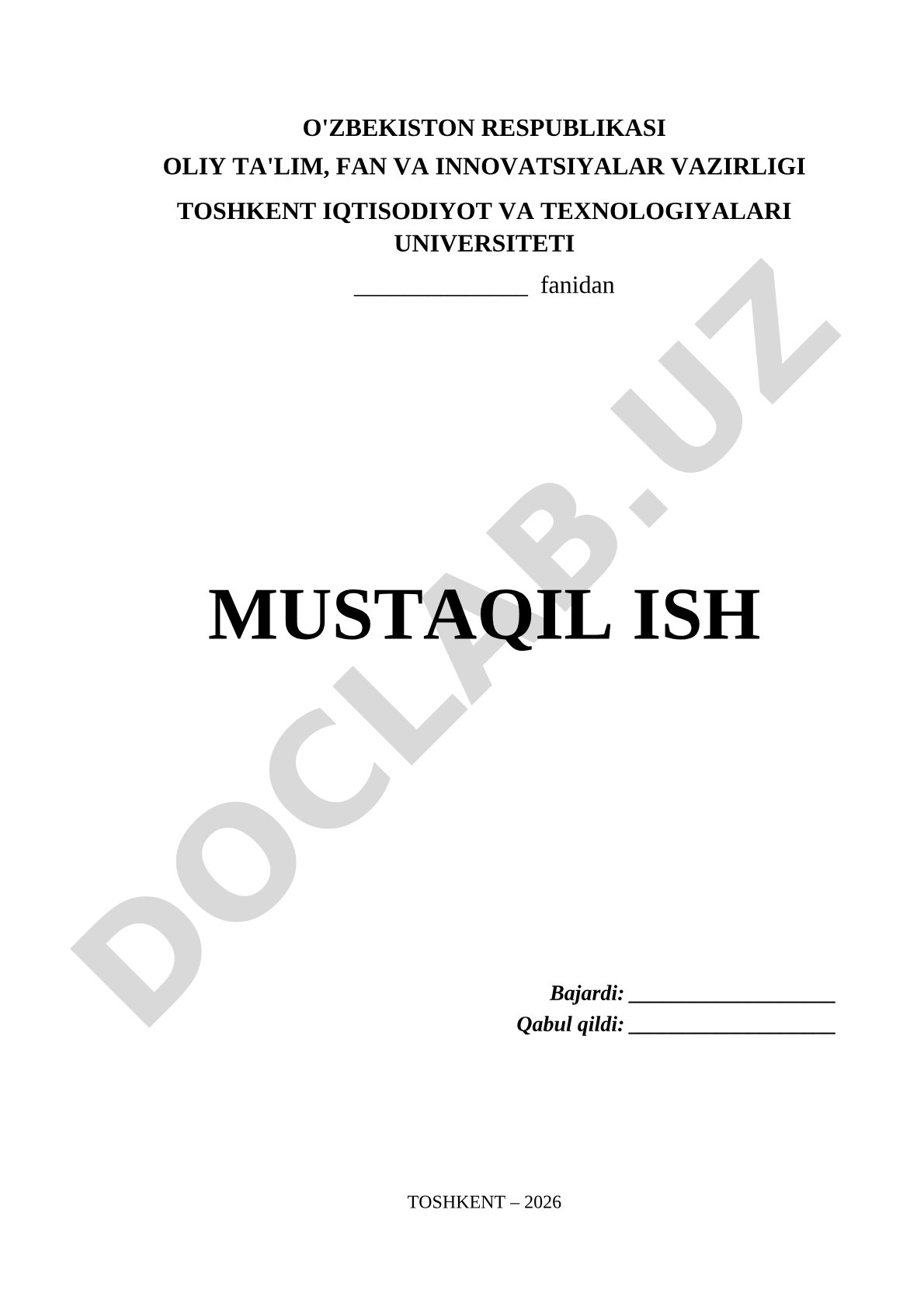 Mustaqil ish sarlavha sahifasi