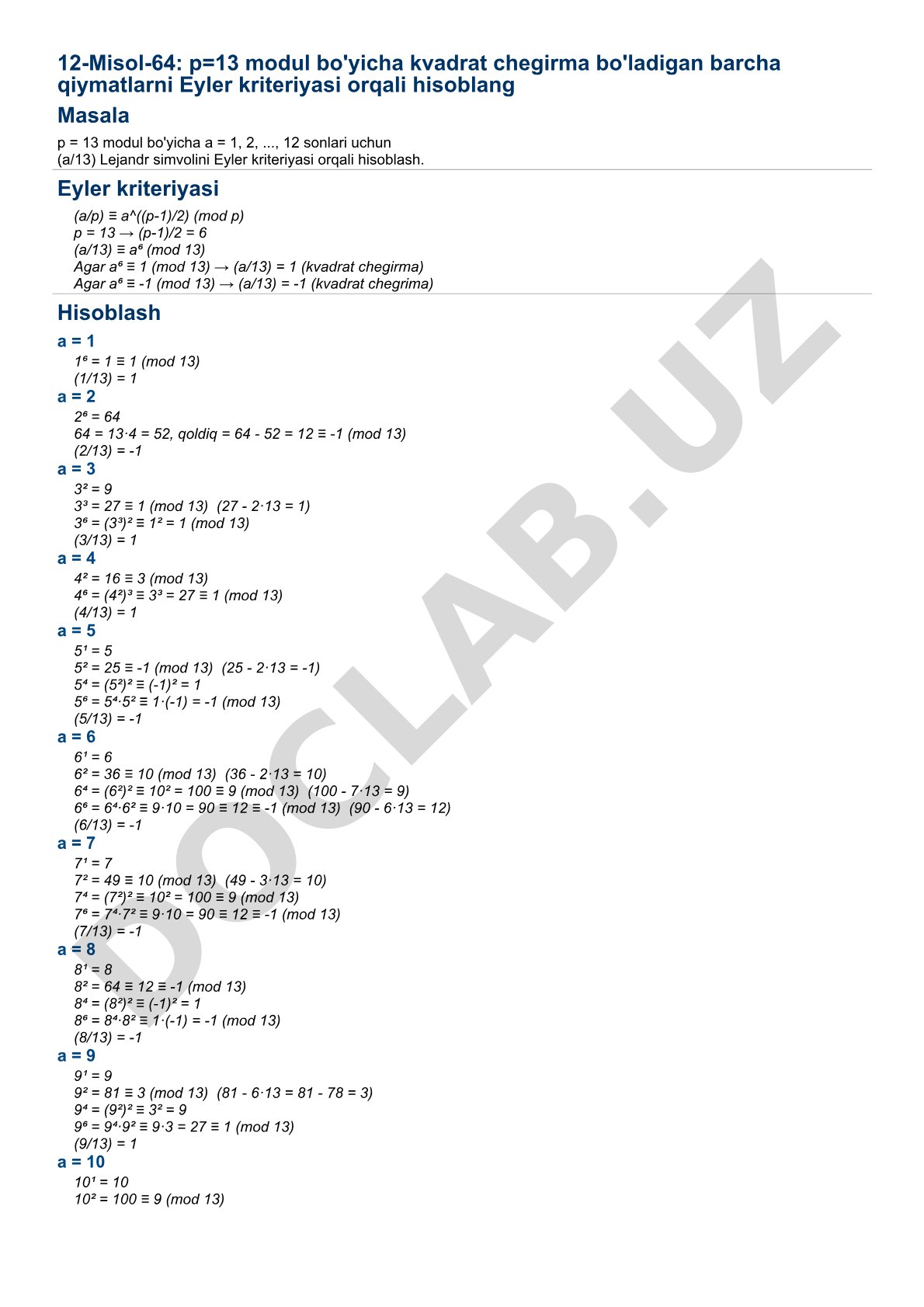 p=13 modul bo'yicha kvadrat chegirma va chegrima qiymatlarini Eyler kriteriyasi orqali hisoblash