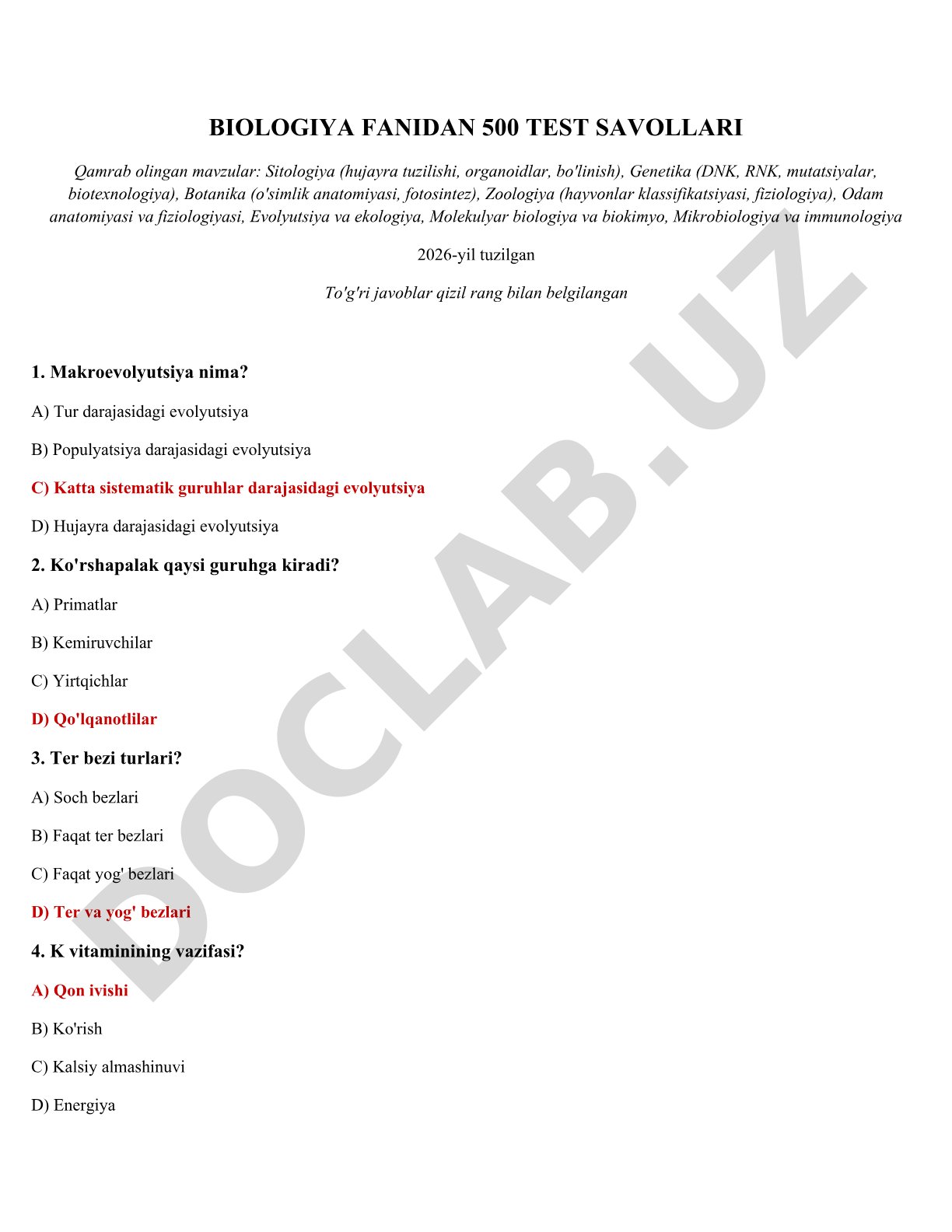 Biologiya fanidan 500 test savollari