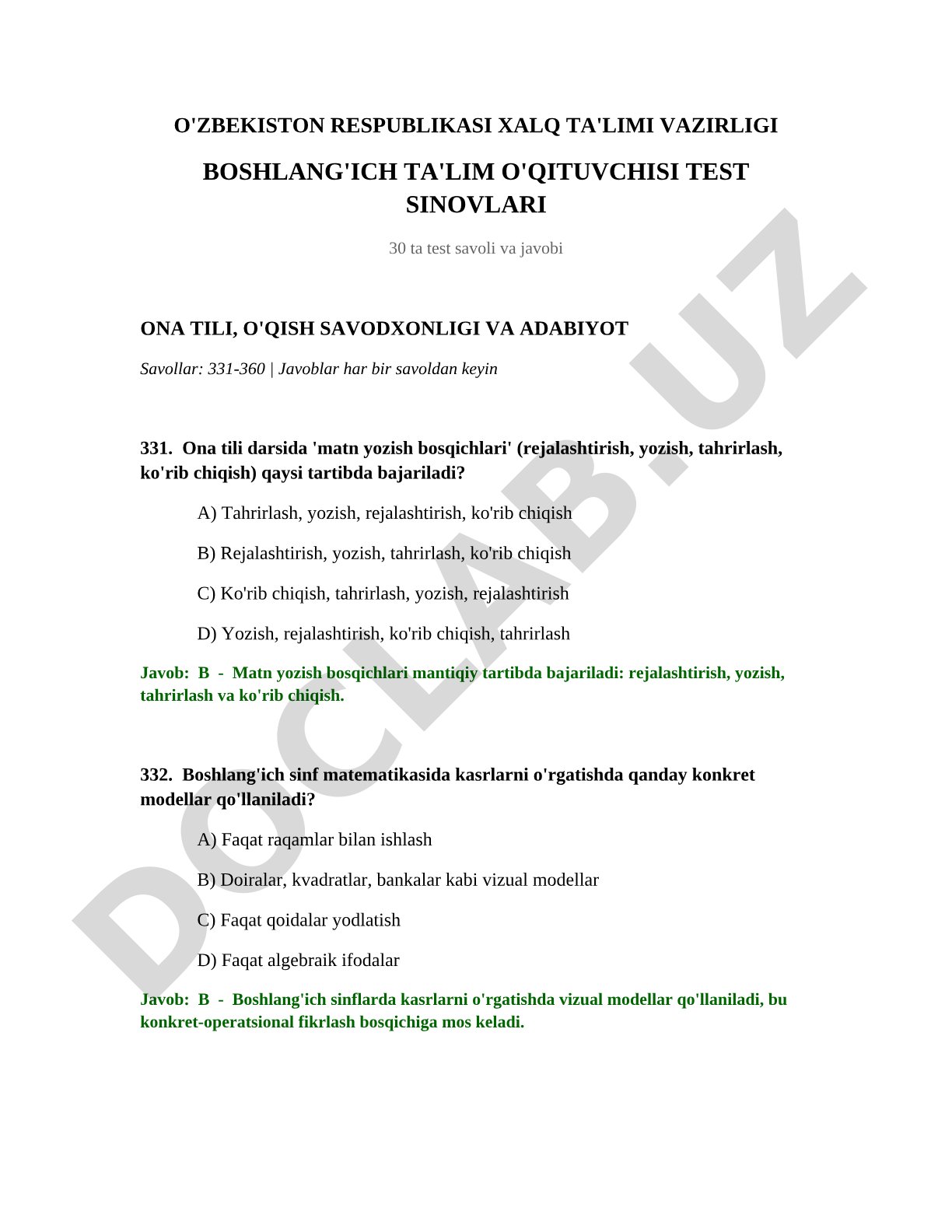 Boshlang'ich ta'lim o'qituvchisi test sinovlari (ona tili, o'qish savodxonligi va adabiyot)