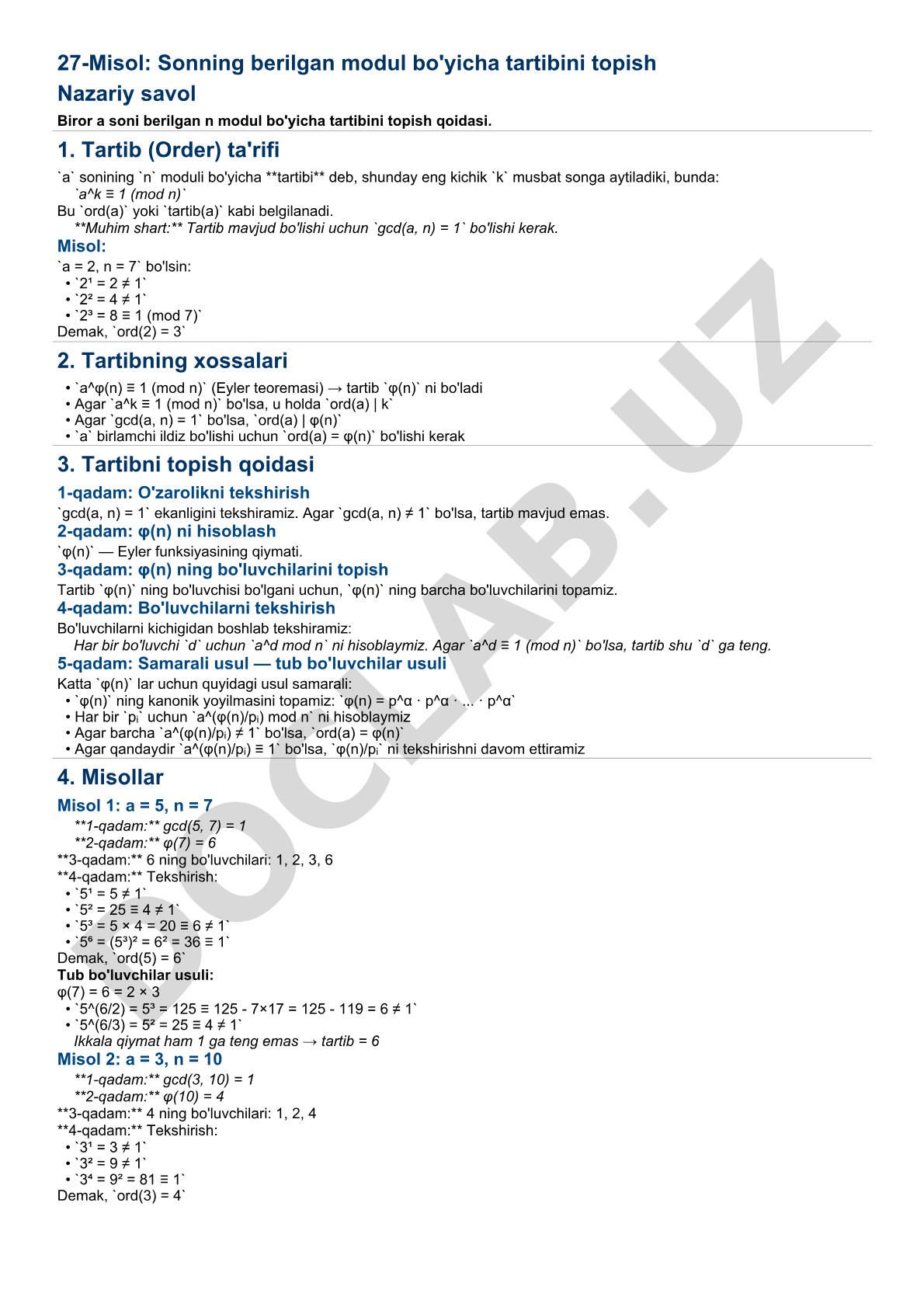 Sonning berilgan modul bo'yicha tartibini topish