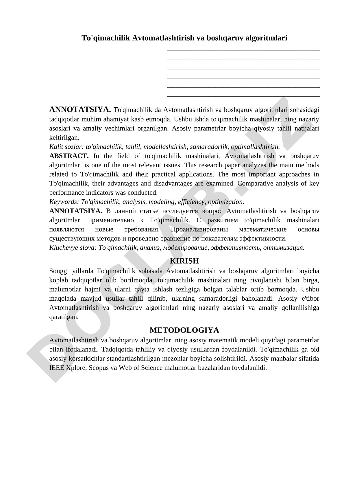 To'qimachilik Avtomatlashtirish va boshqaruv algoritmlari