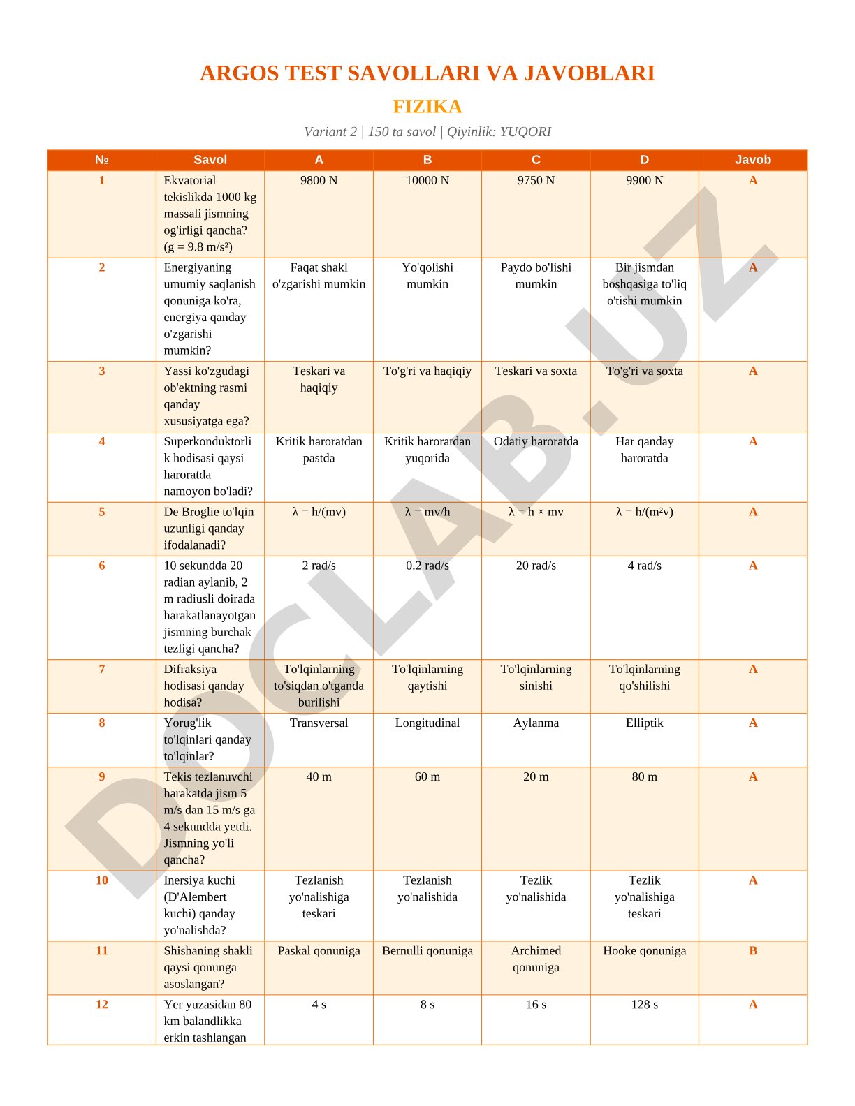 Fizika test savollari va javoblari, Argos, Variant 2